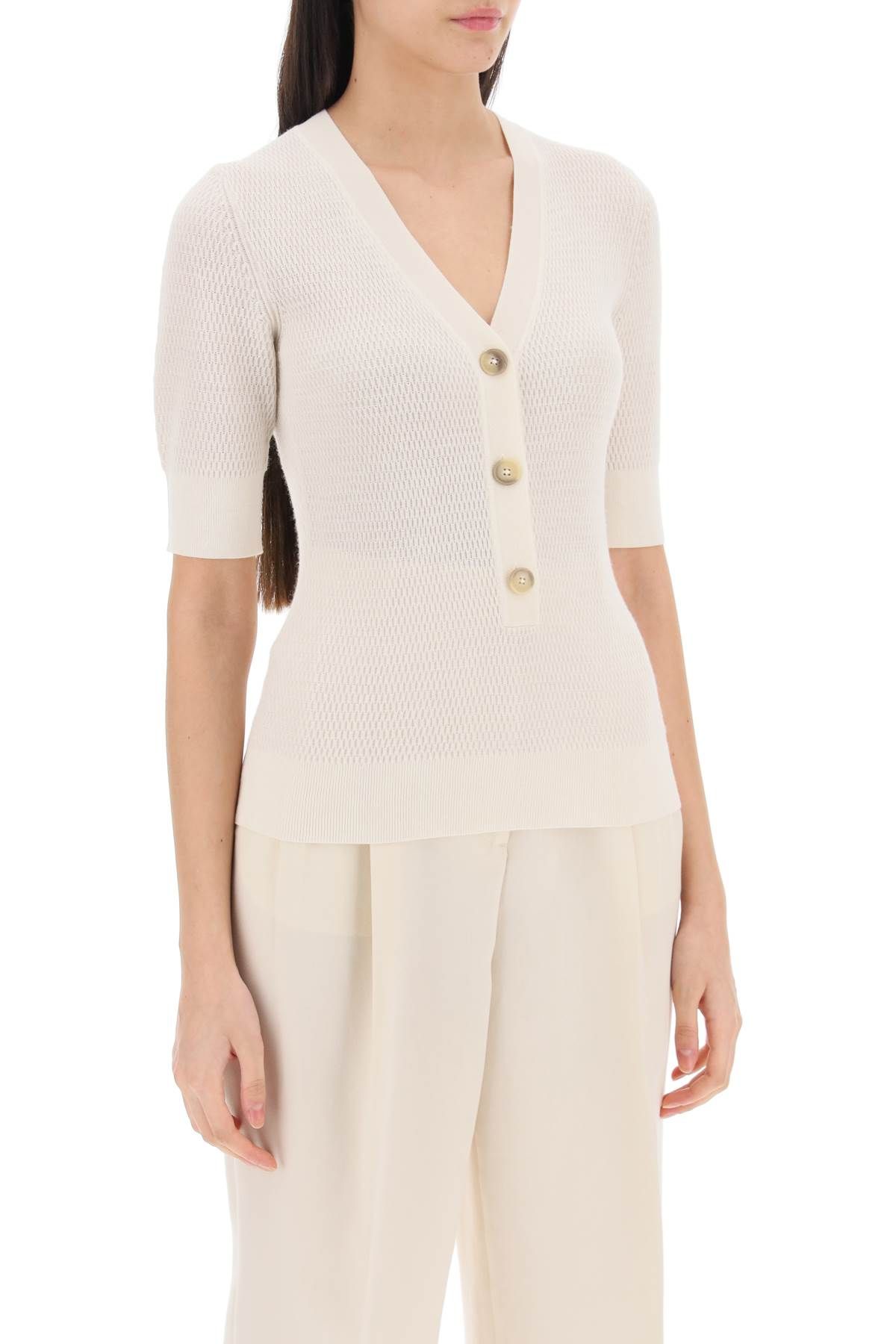 Shop Closed Knitted Top With Short Sleeves In White,neutro