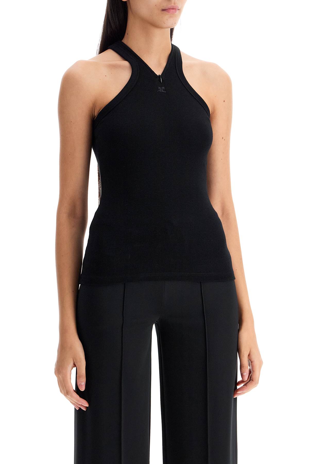 Shop Courrèges Ribbed Tank Top With Zipper On The Neckline In Black