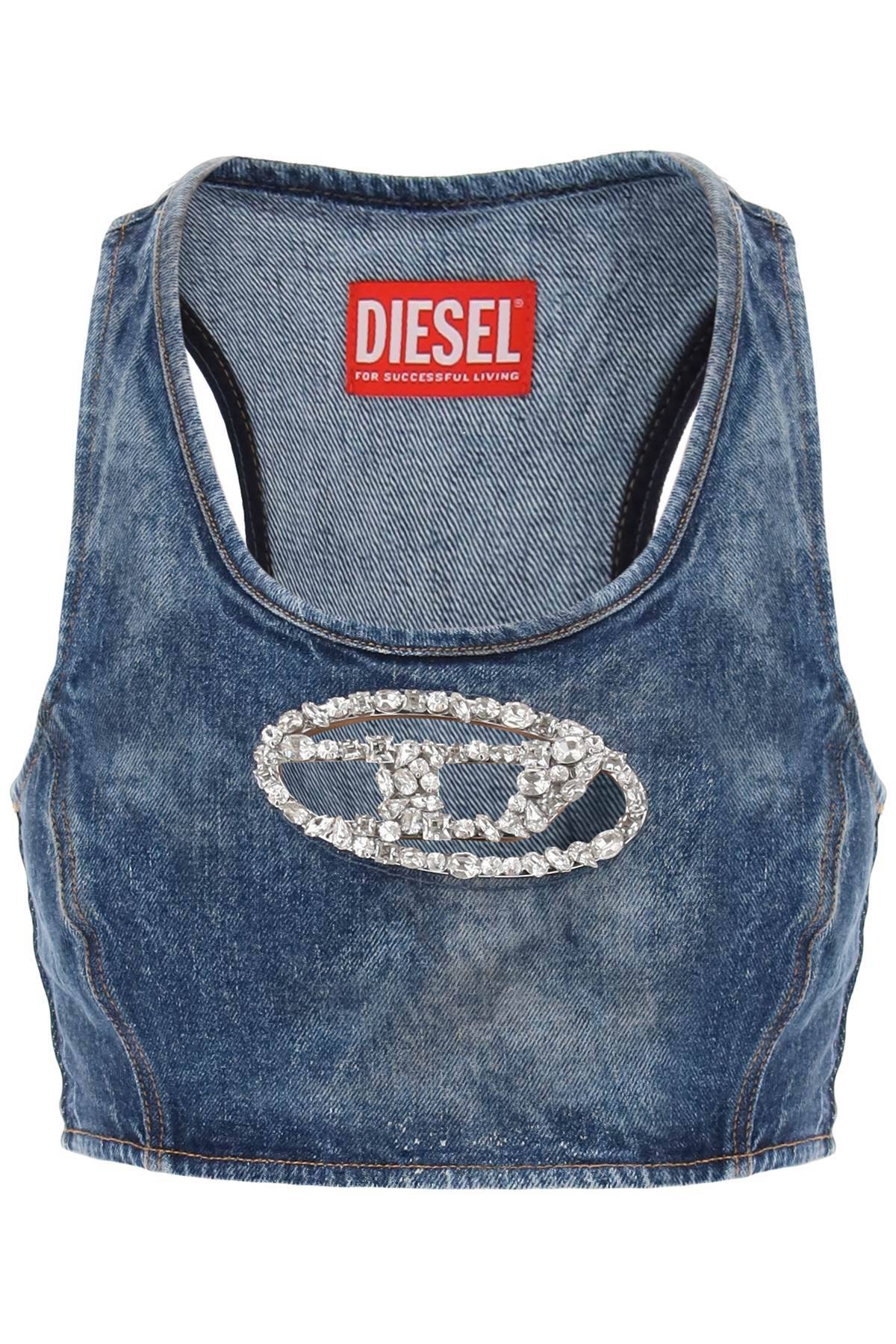 Shop Diesel Denim Crop Top With Jewel Buckle In Blue