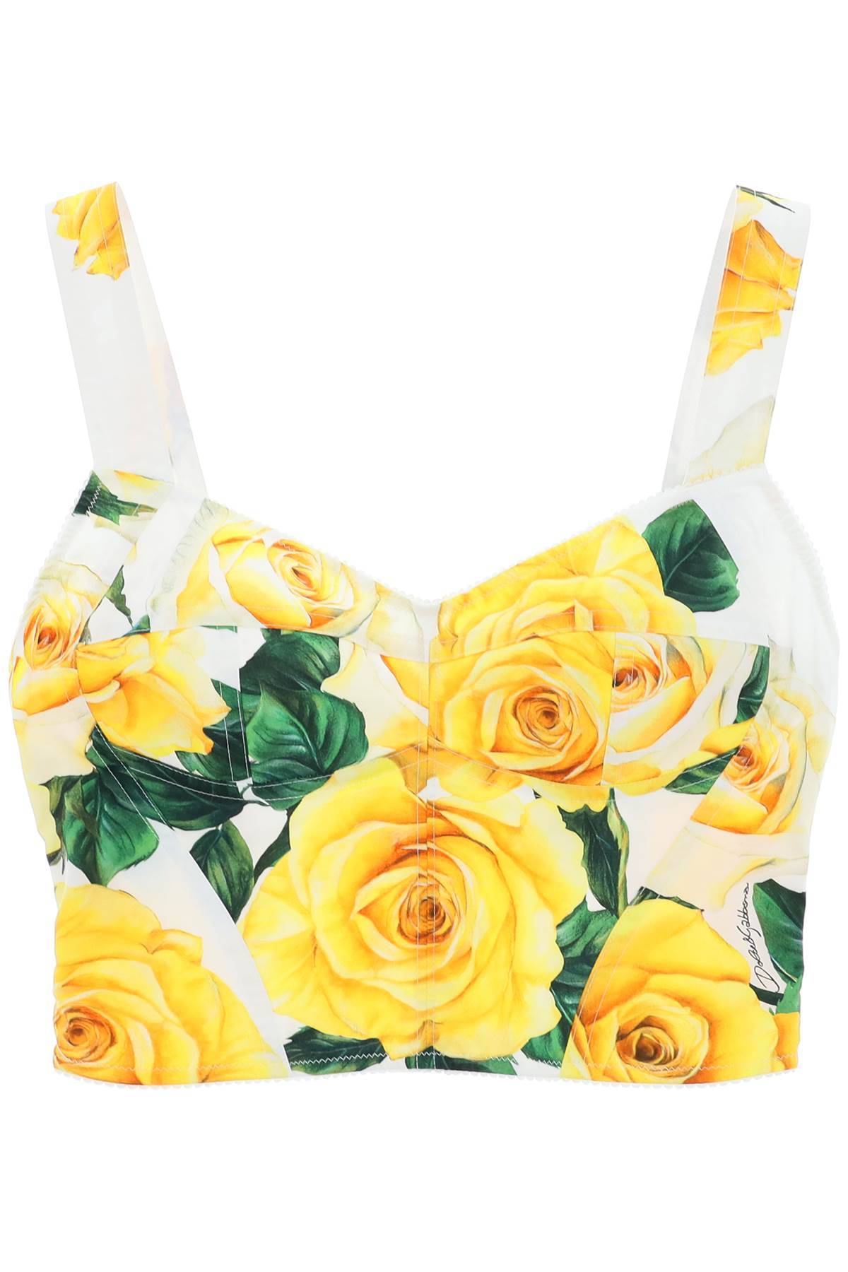 Dolce & Gabbana Cotton Bustier Top With Yellow Rose Print In Green