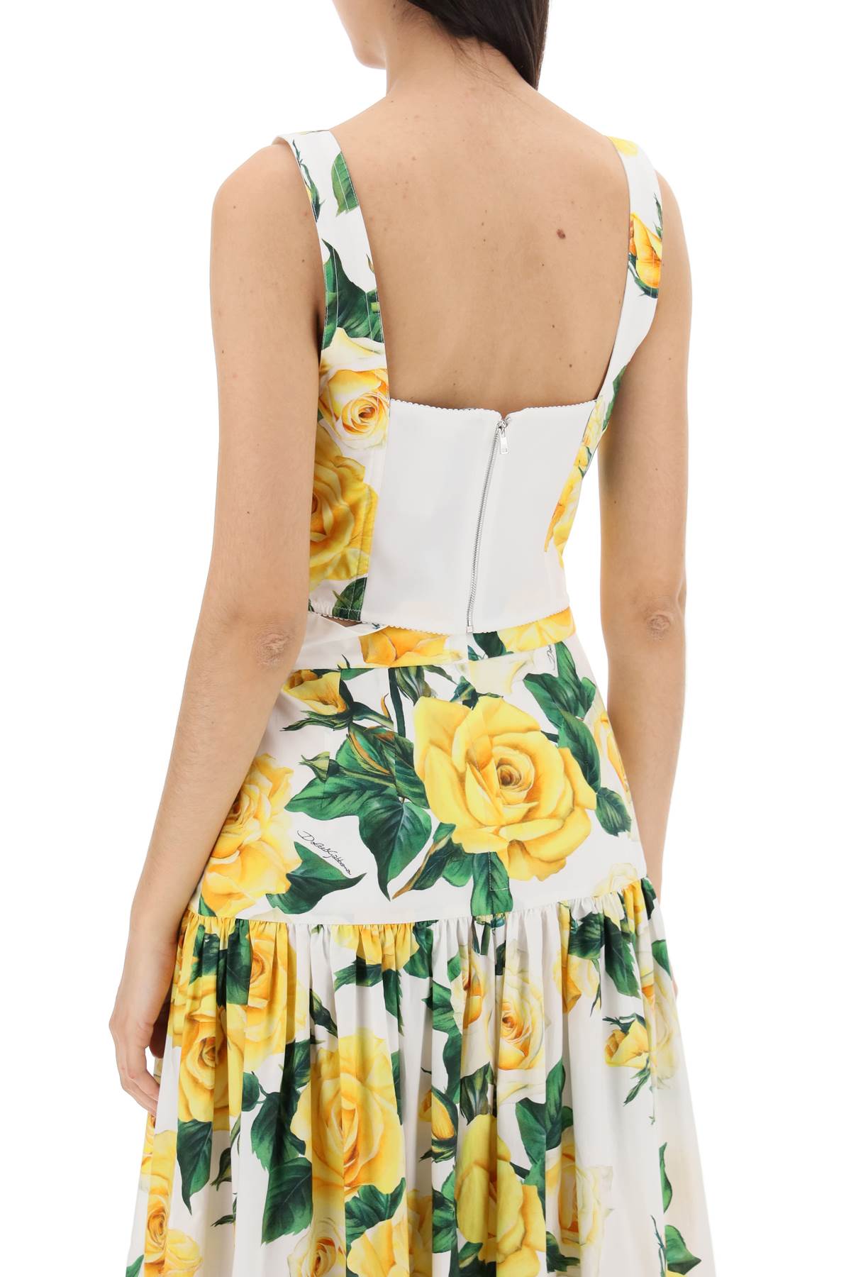 Shop Dolce & Gabbana Cotton Bustier Top With Yellow Rose Print In Green