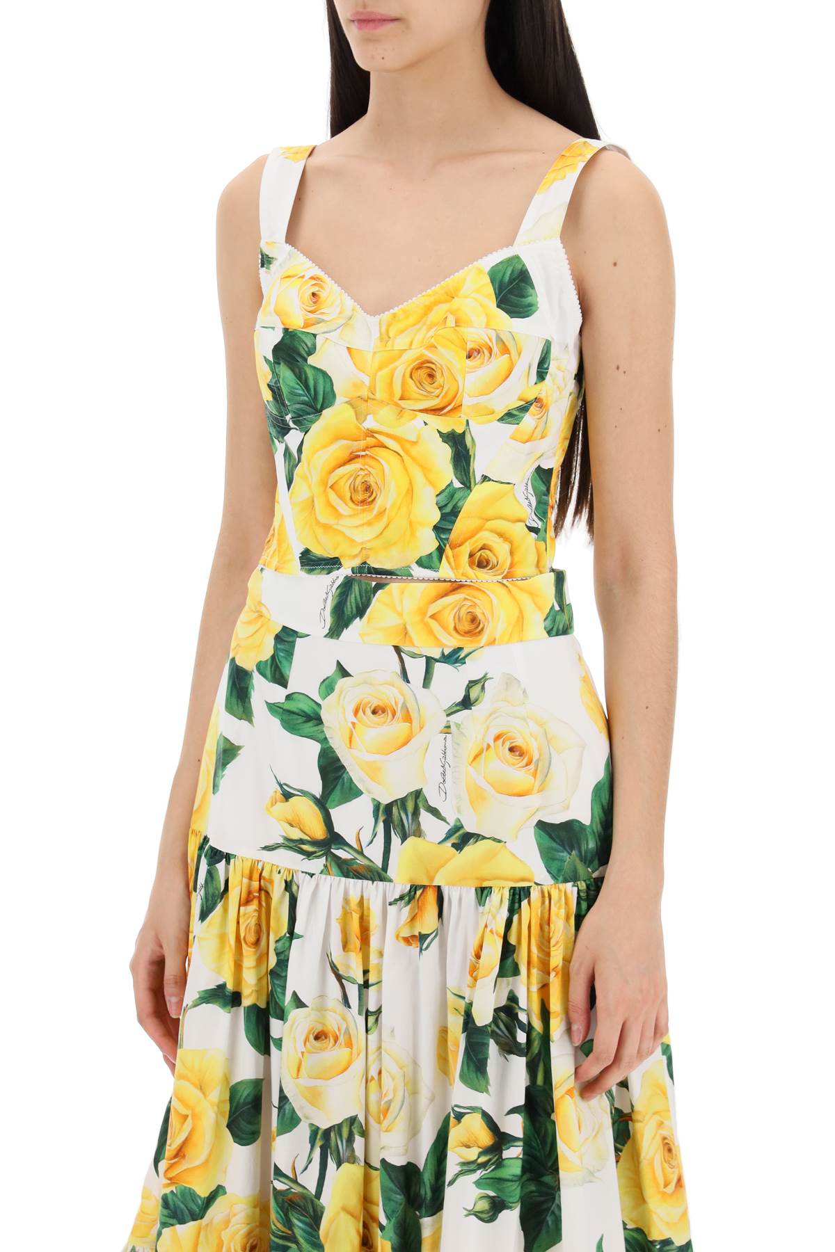 Shop Dolce & Gabbana Cotton Bustier Top With Yellow Rose Print In Green