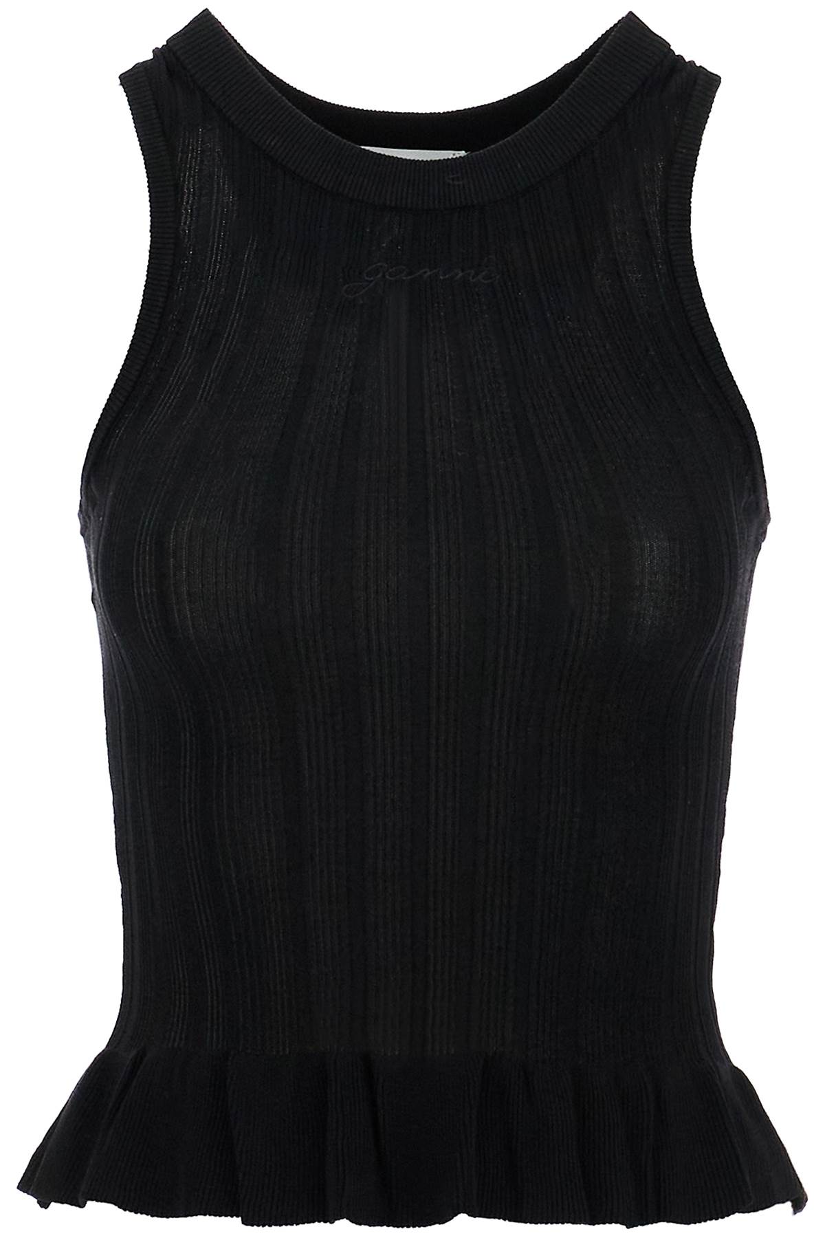 Shop Ganni Ribbed Knit Tank Top With Spaghetti Straps In Black