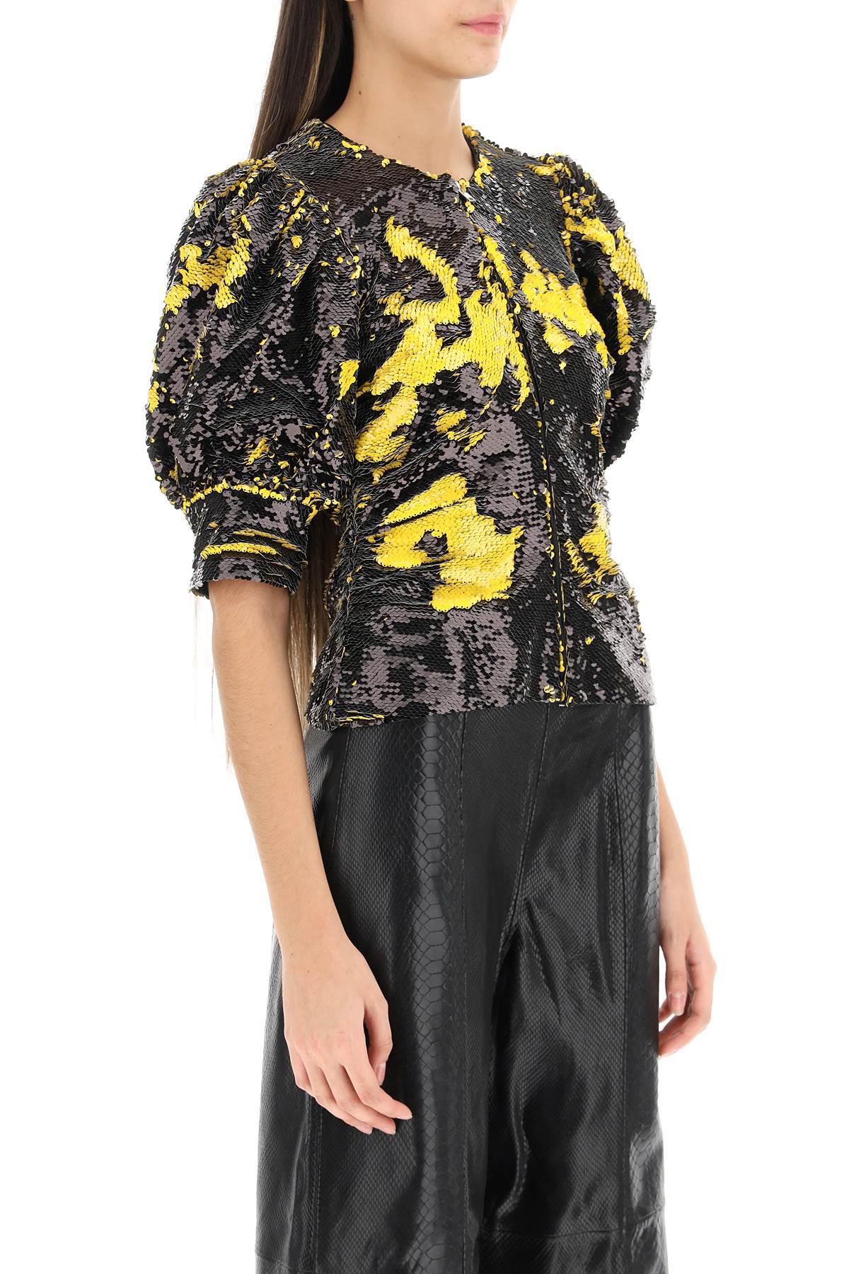 Shop Ganni Two-tone Sequin Top In Black,yellow