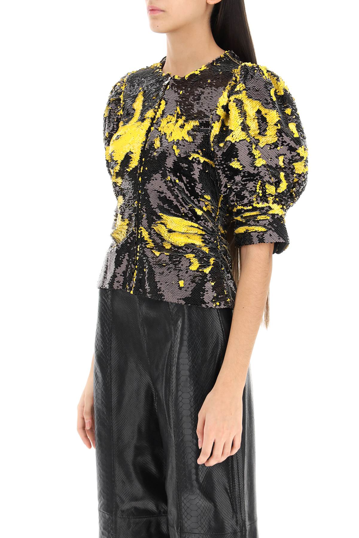 Shop Ganni Two-tone Sequin Top In Black,yellow
