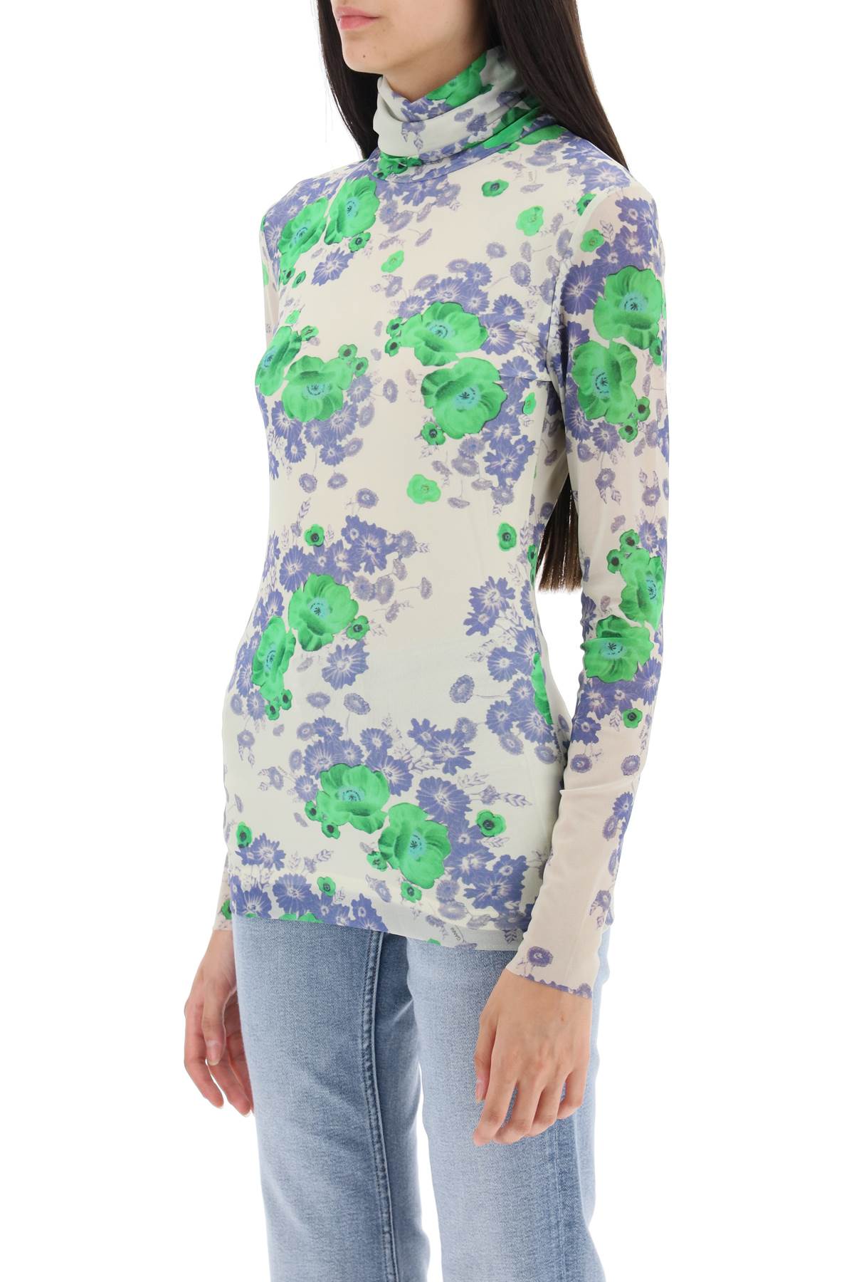 Shop Ganni Long-sleeved Top In Mesh With Floral Pattern In White,green,purple