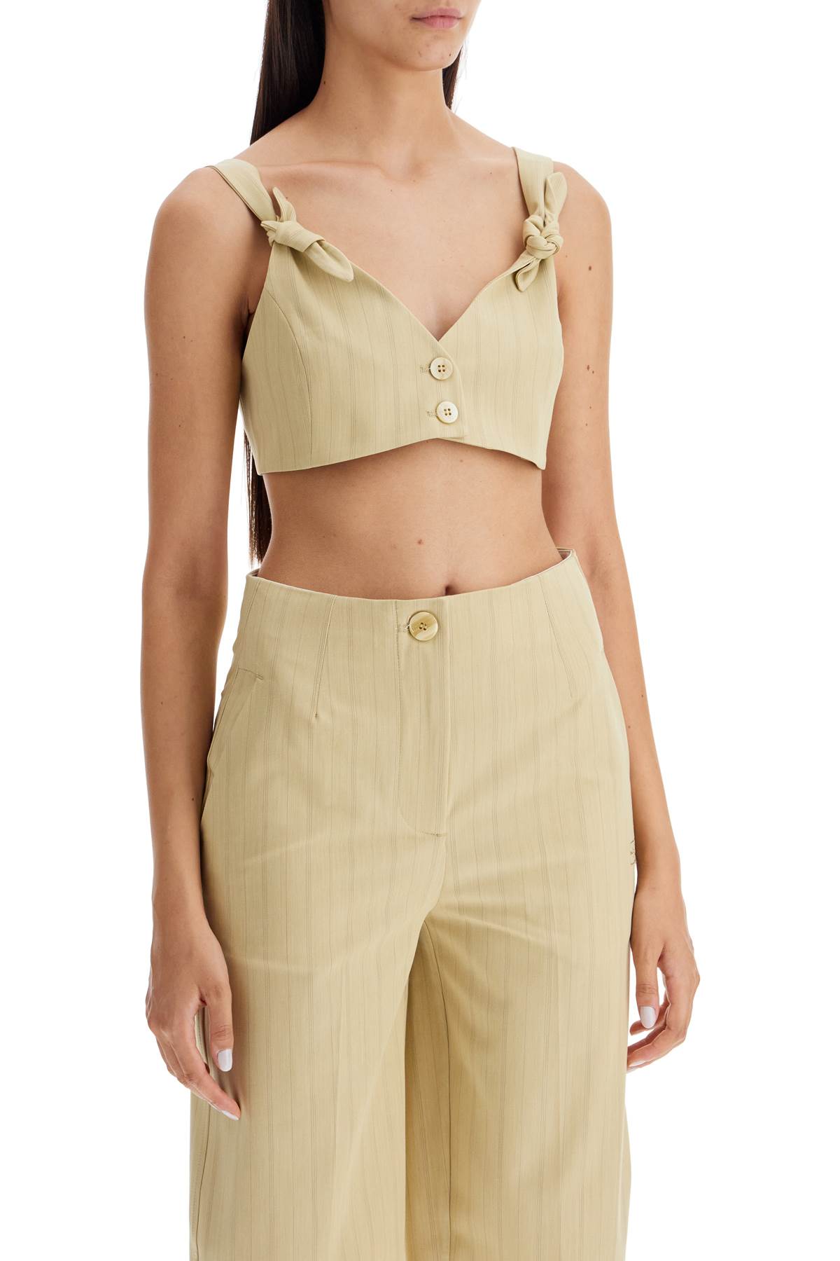 Shop Ganni Striped Crop Top With Knots In Beige