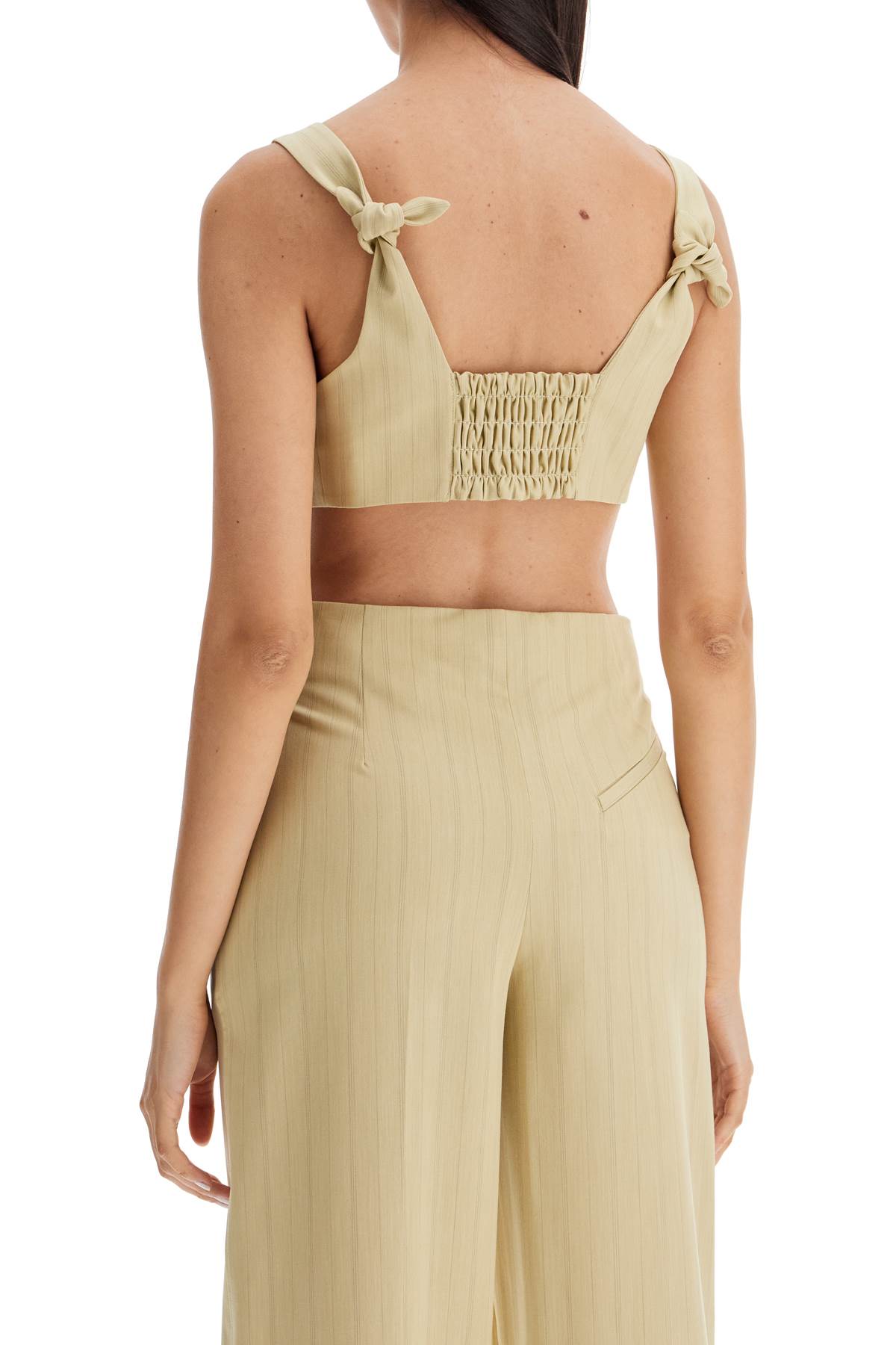 Shop Ganni Striped Crop Top With Knots In Beige