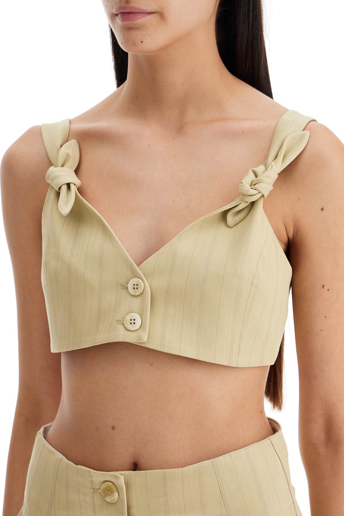 Shop Ganni Striped Crop Top With Knots In Beige