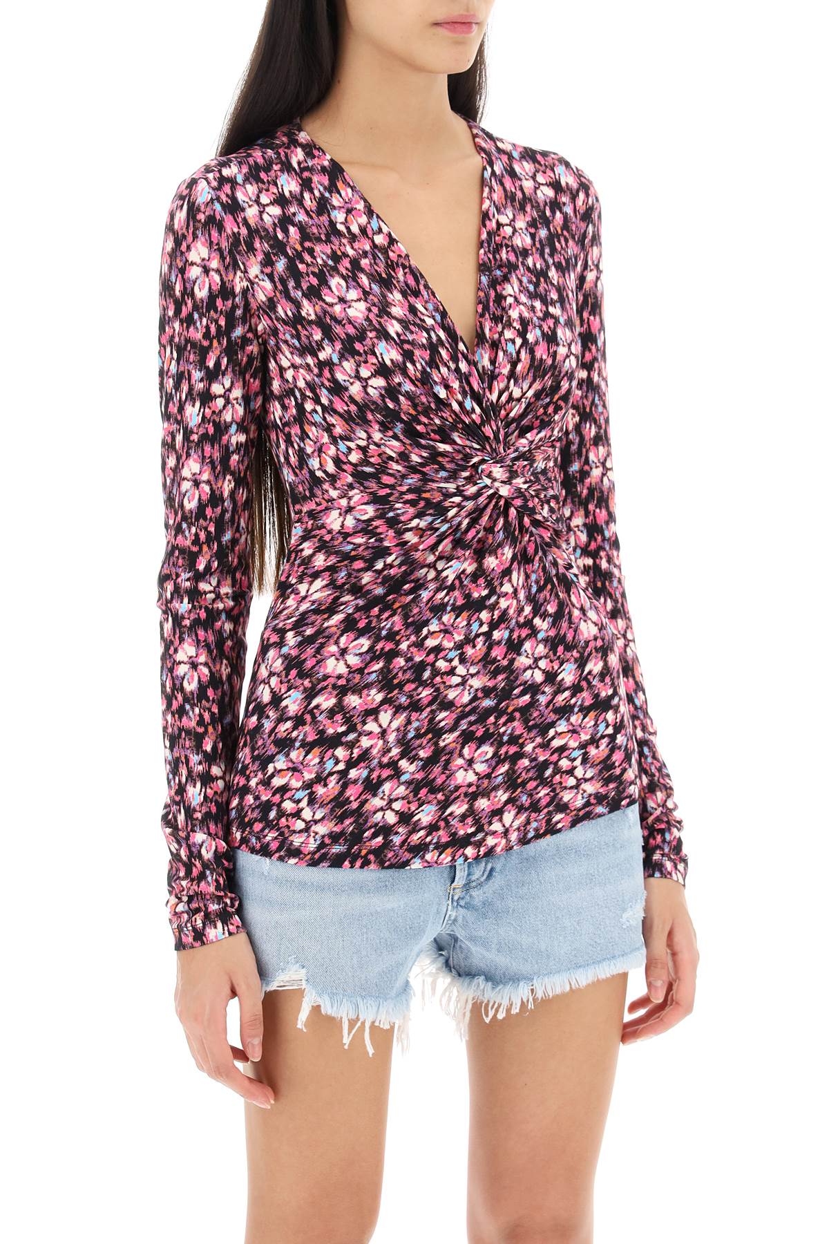 Shop Marant Etoile Lyss Long Sleeve Jersey Top In Black,fuchsia