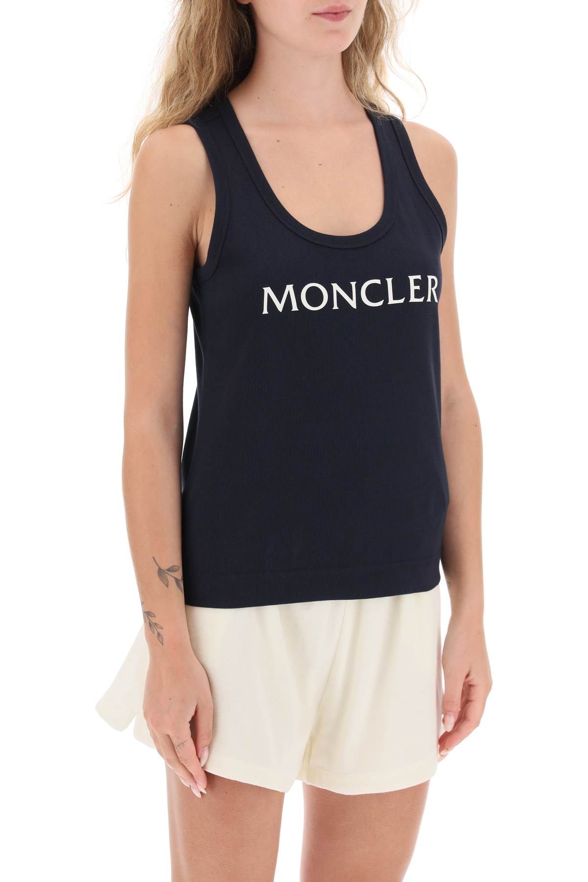 Shop Moncler Logo Print Ribbed Tank Top In Blue