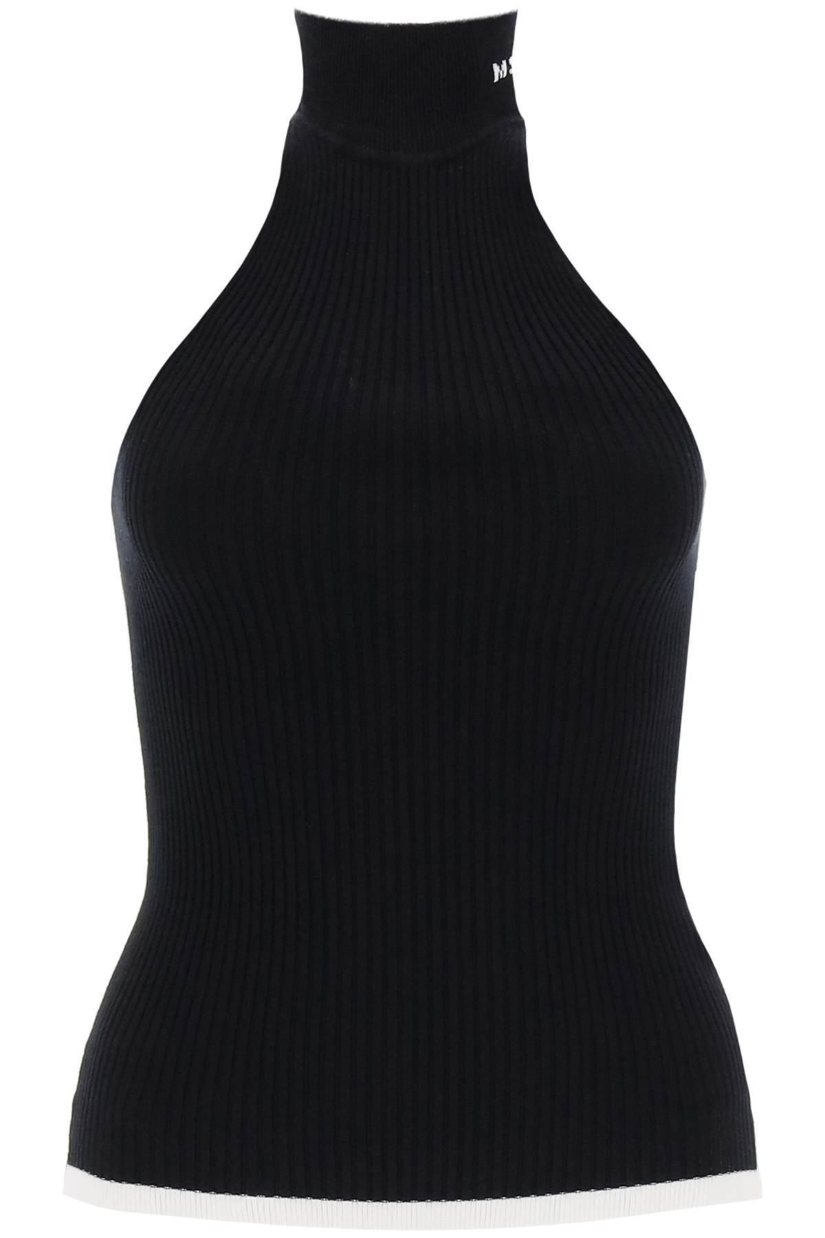 Shop Msgm Ribbed Tank Top With Halterneck In Black