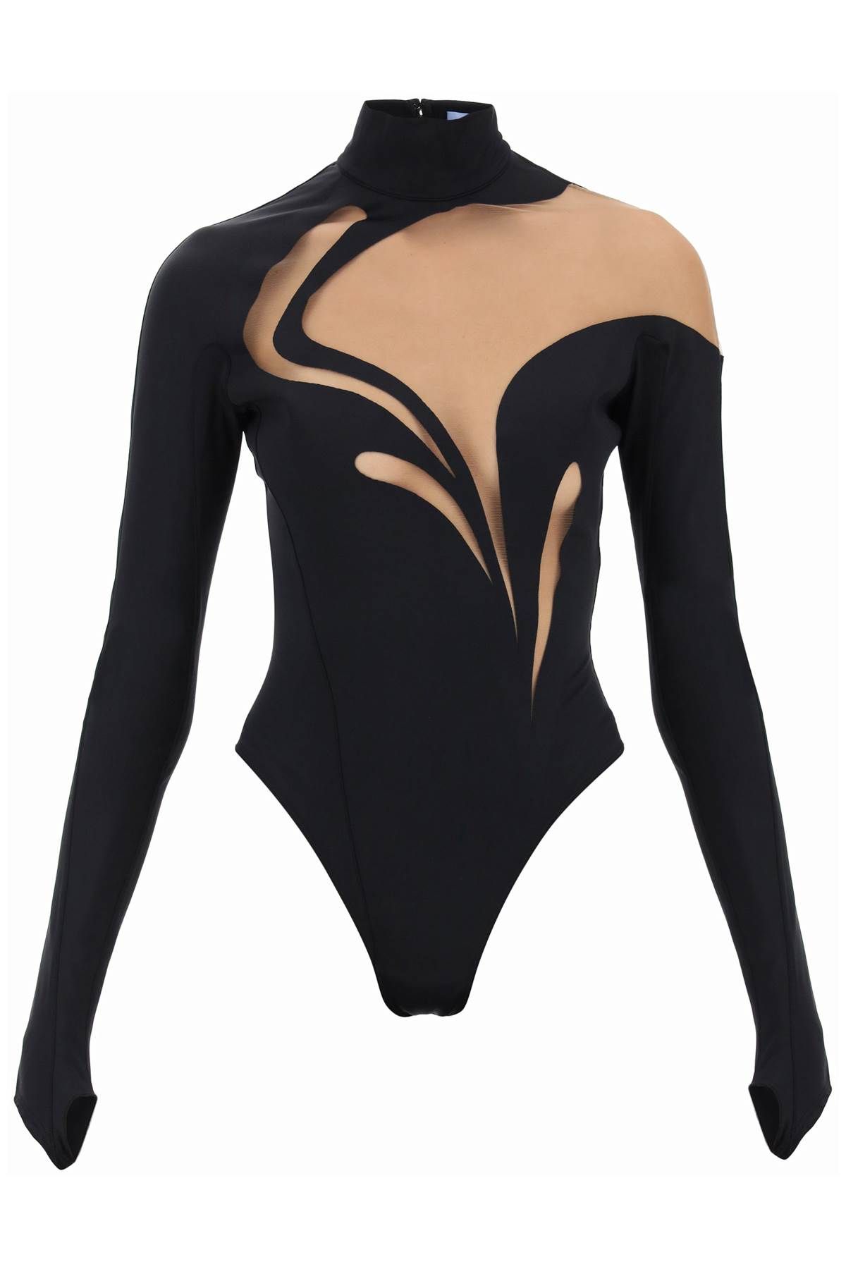 Shop Mugler Long-sleeved Swirly Bodysuit In Black,beige