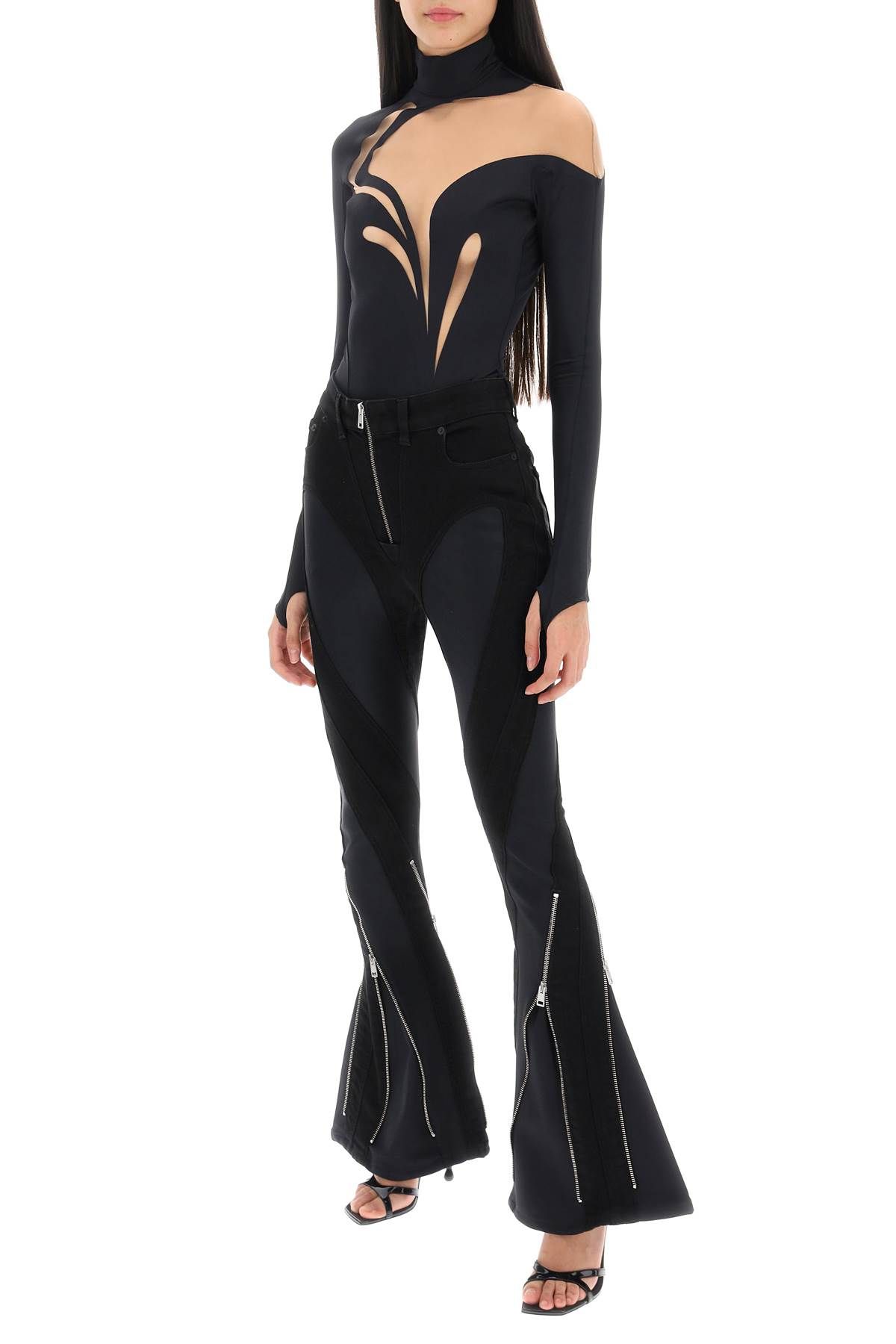 Shop Mugler Long-sleeved Swirly Bodysuit In Black,beige