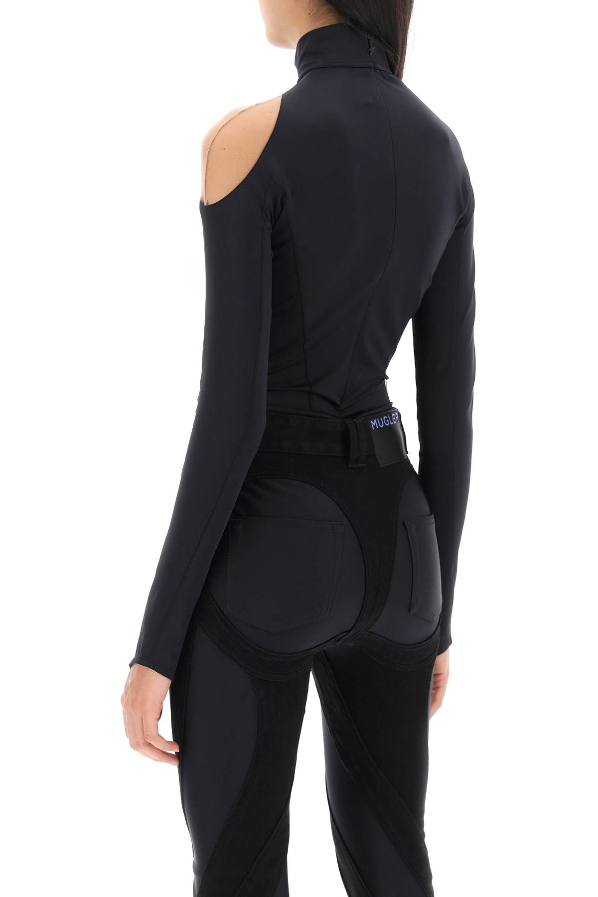 Shop Mugler Long-sleeved Swirly Bodysuit In Black,beige