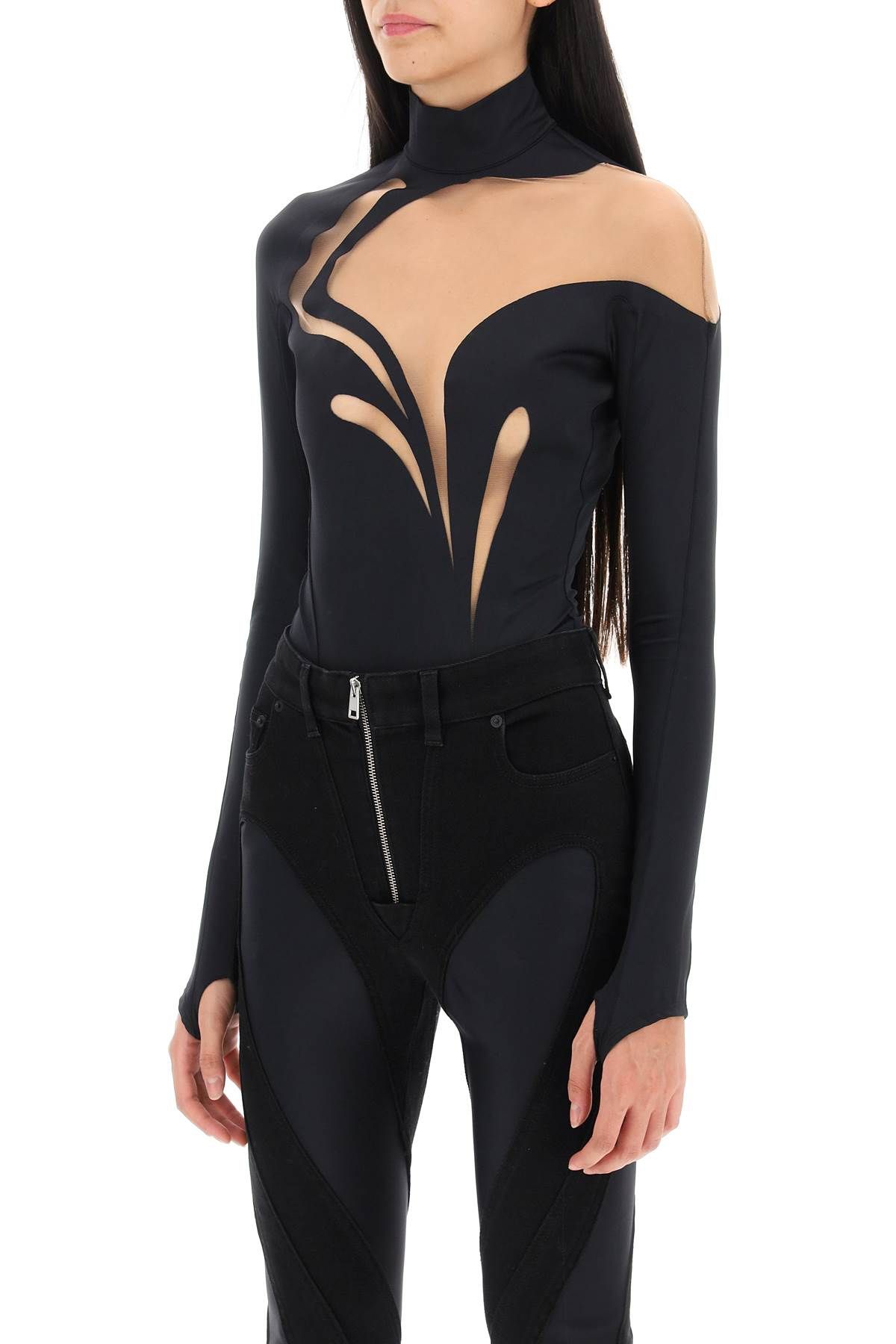 Shop Mugler Long-sleeved Swirly Bodysuit In Black,beige