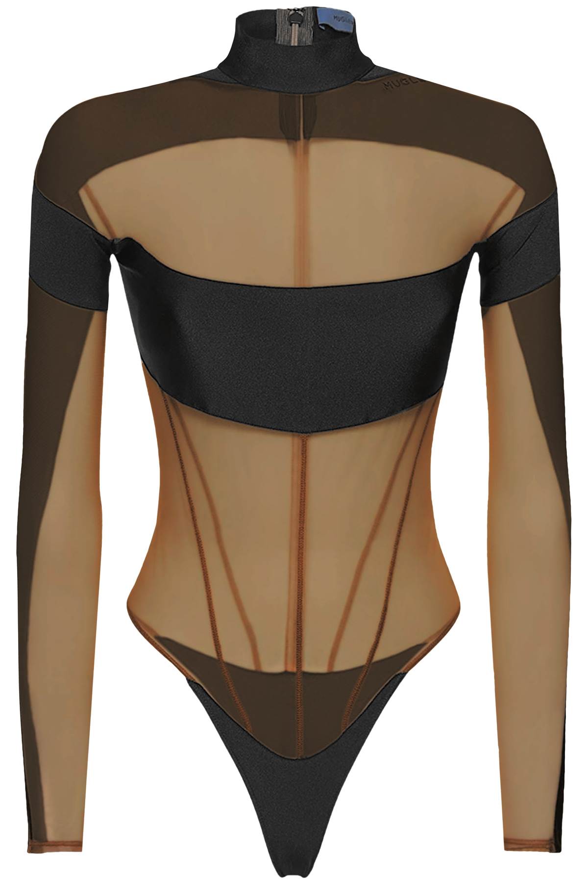Shop Mugler Long Sleeve Illusion Bodysuit In Black,brown