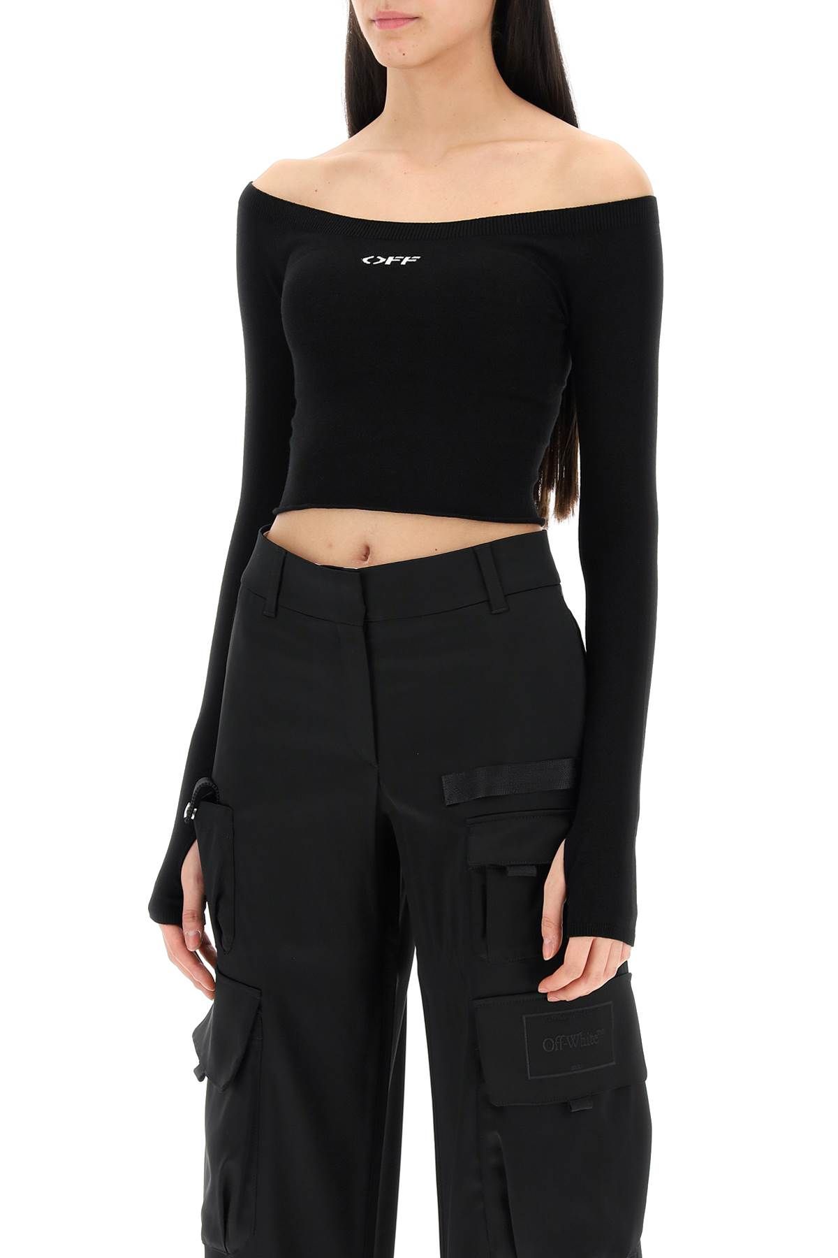 Shop Off-white Knitted Off-shoulder Cropped Top In Black
