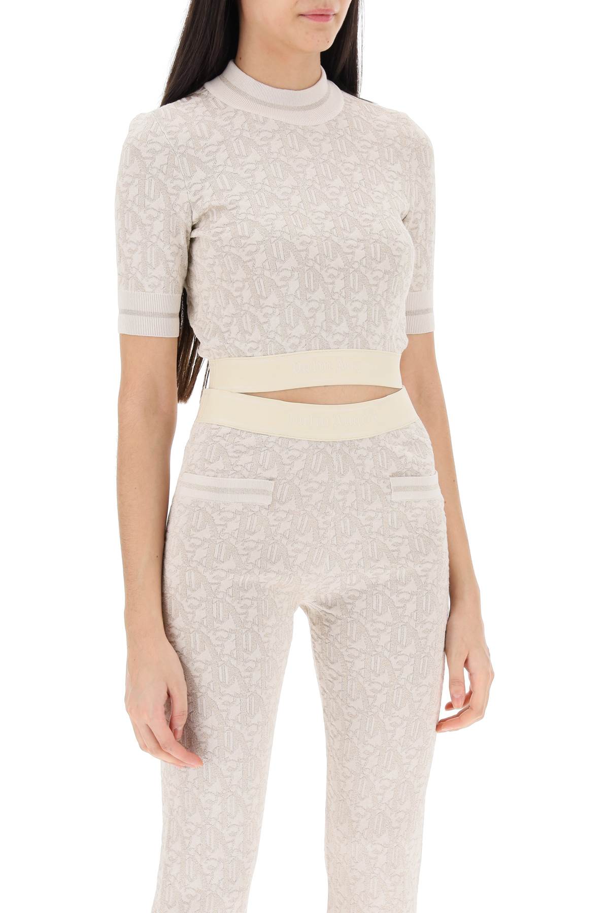 Shop Palm Angels Monogram Cropped Top In Lurex Knit In Neutro,gold