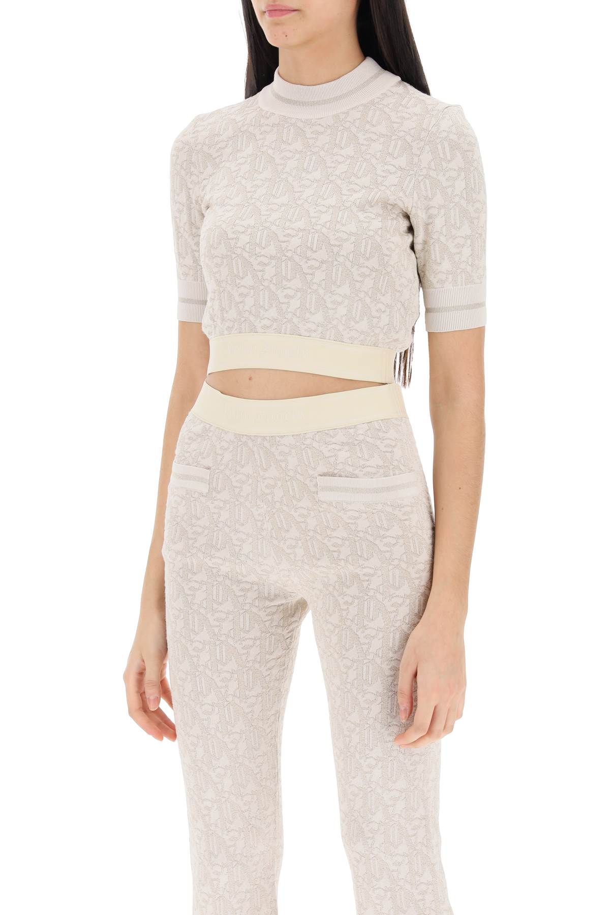 Shop Palm Angels Monogram Cropped Top In Lurex Knit In Neutro,gold