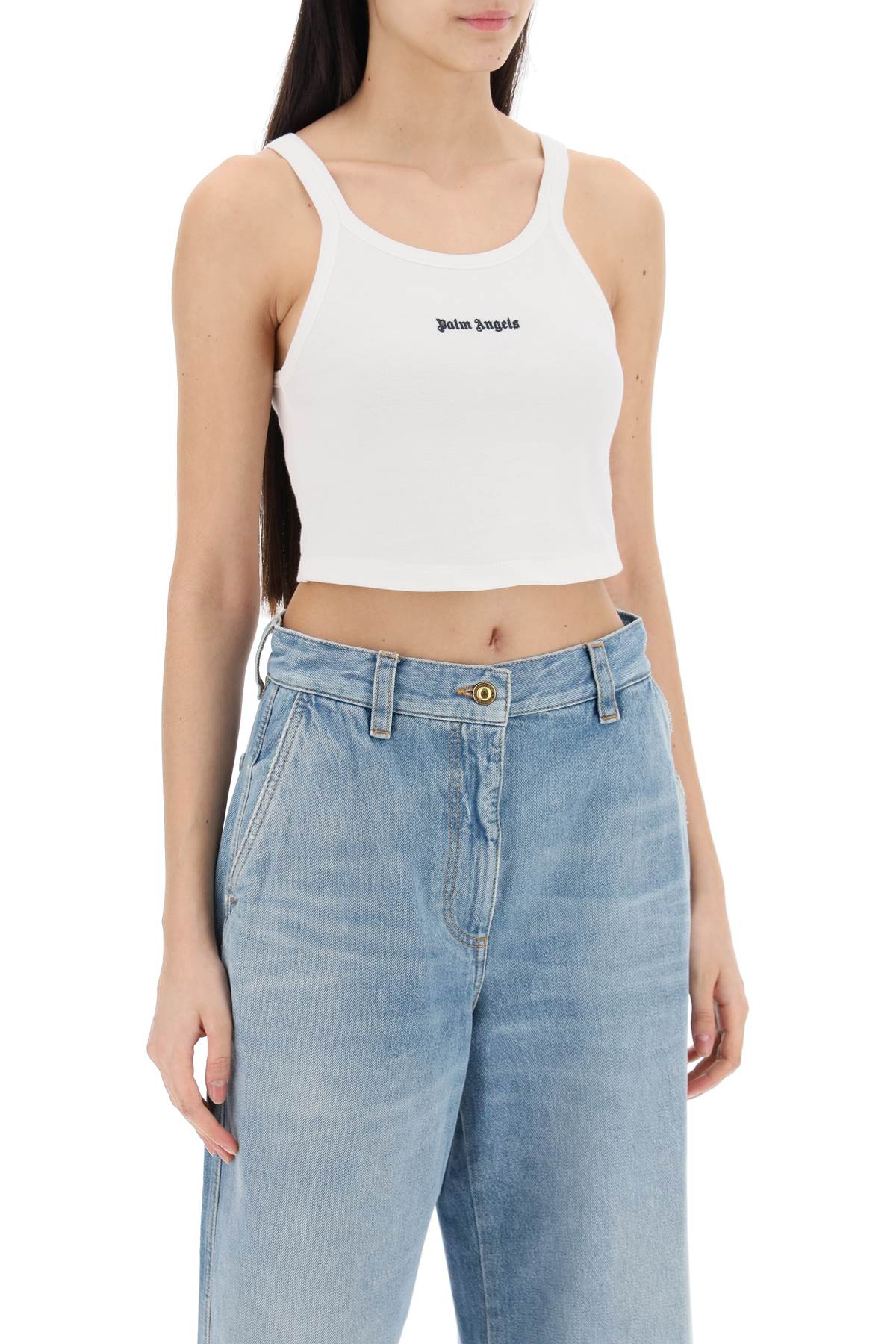 Shop Palm Angels Embroidered Logo Crop Top With In White