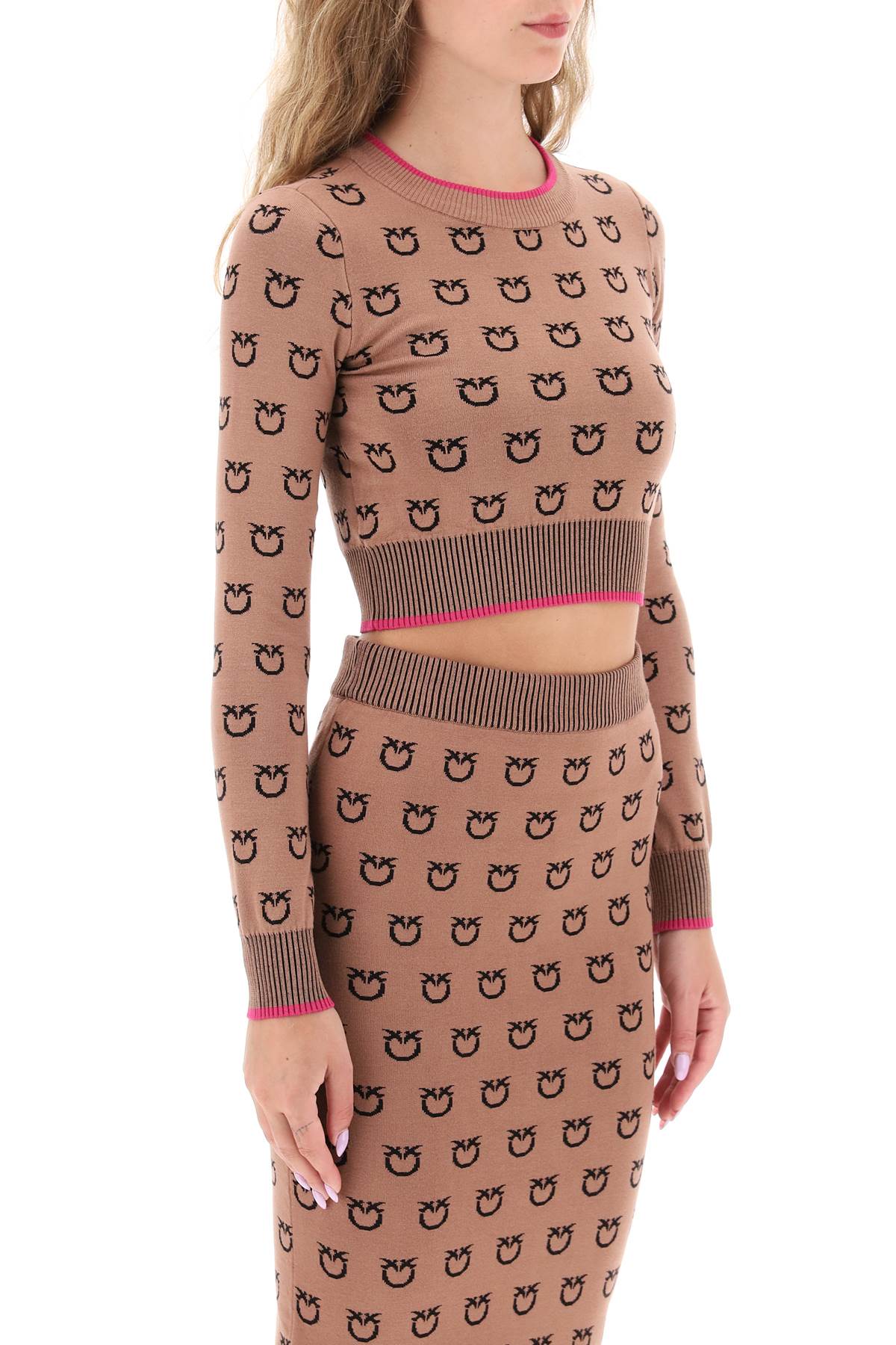 Shop Pinko 'furetto' All-over Logo Crop Top In Beige