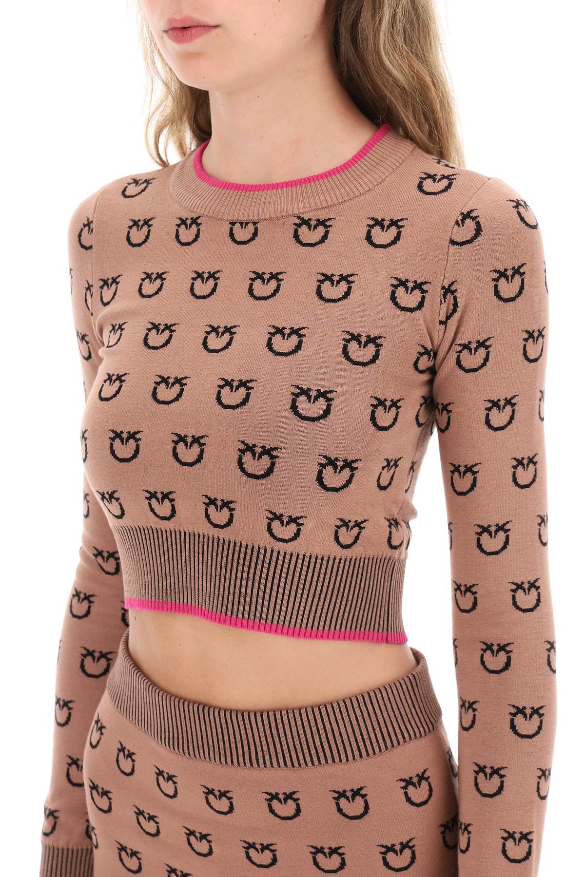 Shop Pinko 'furetto' All-over Logo Crop Top In Beige