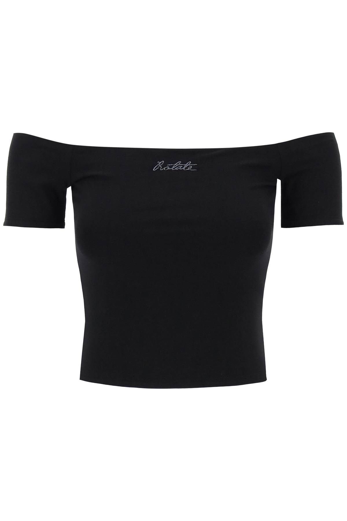 Shop Rotate Birger Christensen Off-shoulder T-shirt With Embroidered Lure In Black