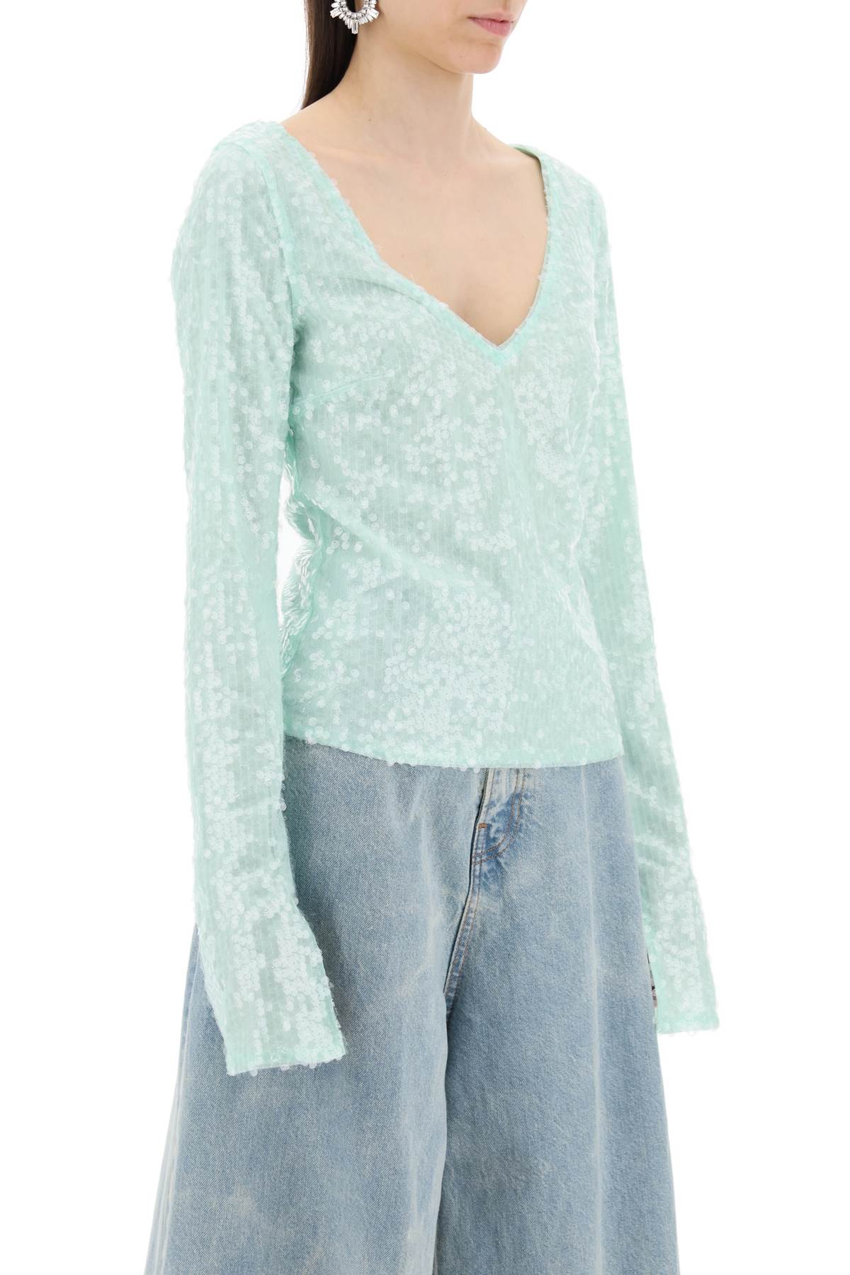 Shop Rotate Birger Christensen Sequin-covered Crop Top In Green