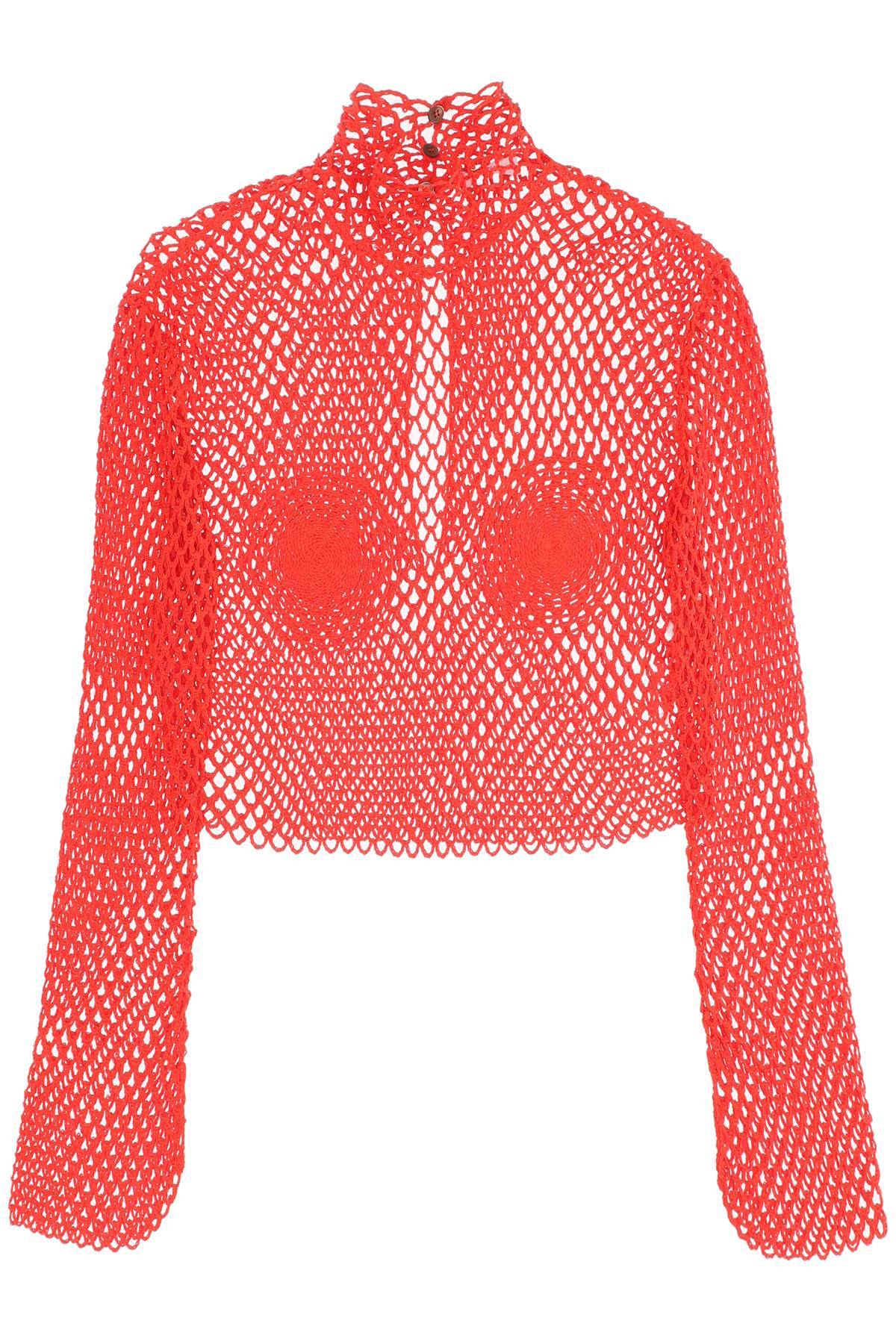 Ferragamo Stand Collar Top In Fishnet Knit In Red