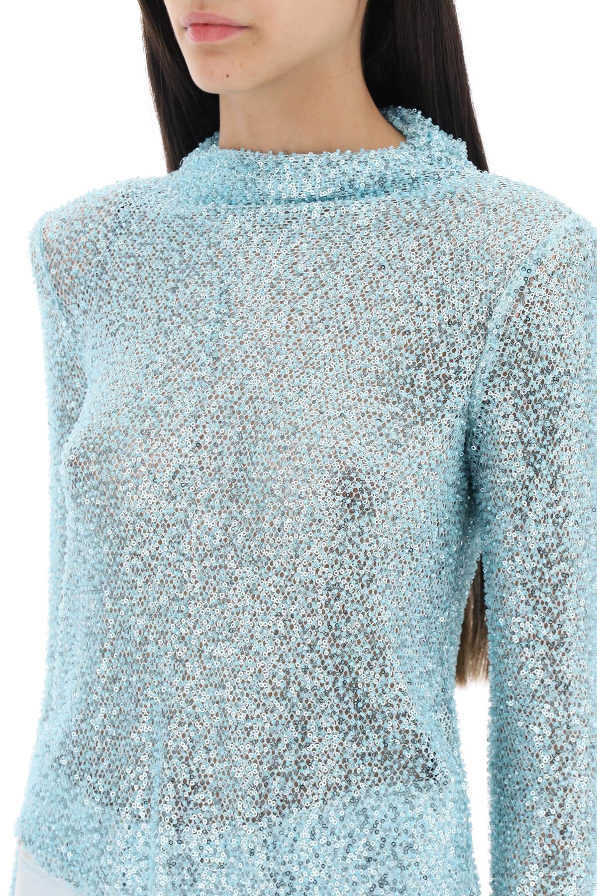 Shop Self-portrait Long-sleeved Top With Sequins And Beads In Light Blue
