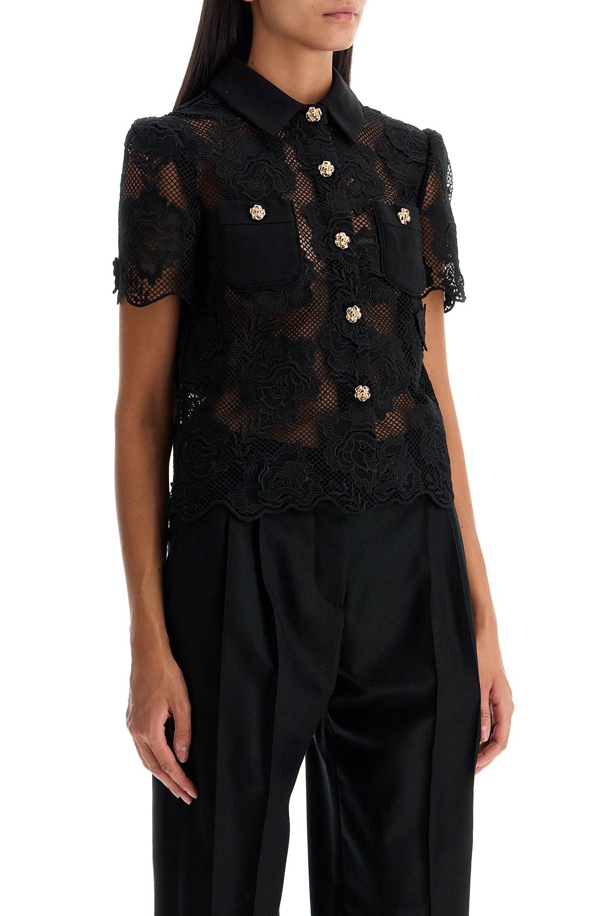 Shop Self-portrait Lace Top With Buttons. In Black