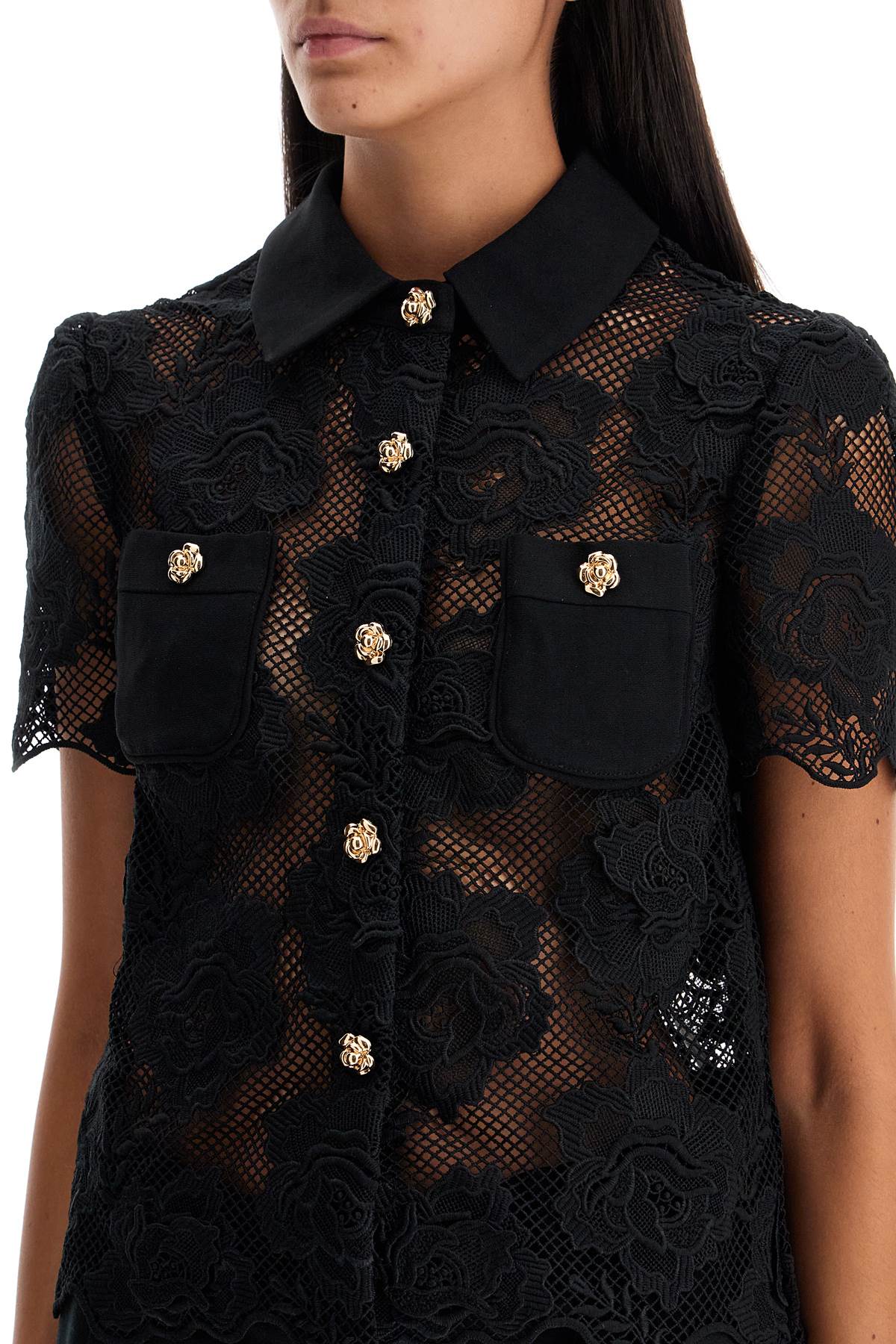 Shop Self-portrait Lace Top With Buttons. In Black