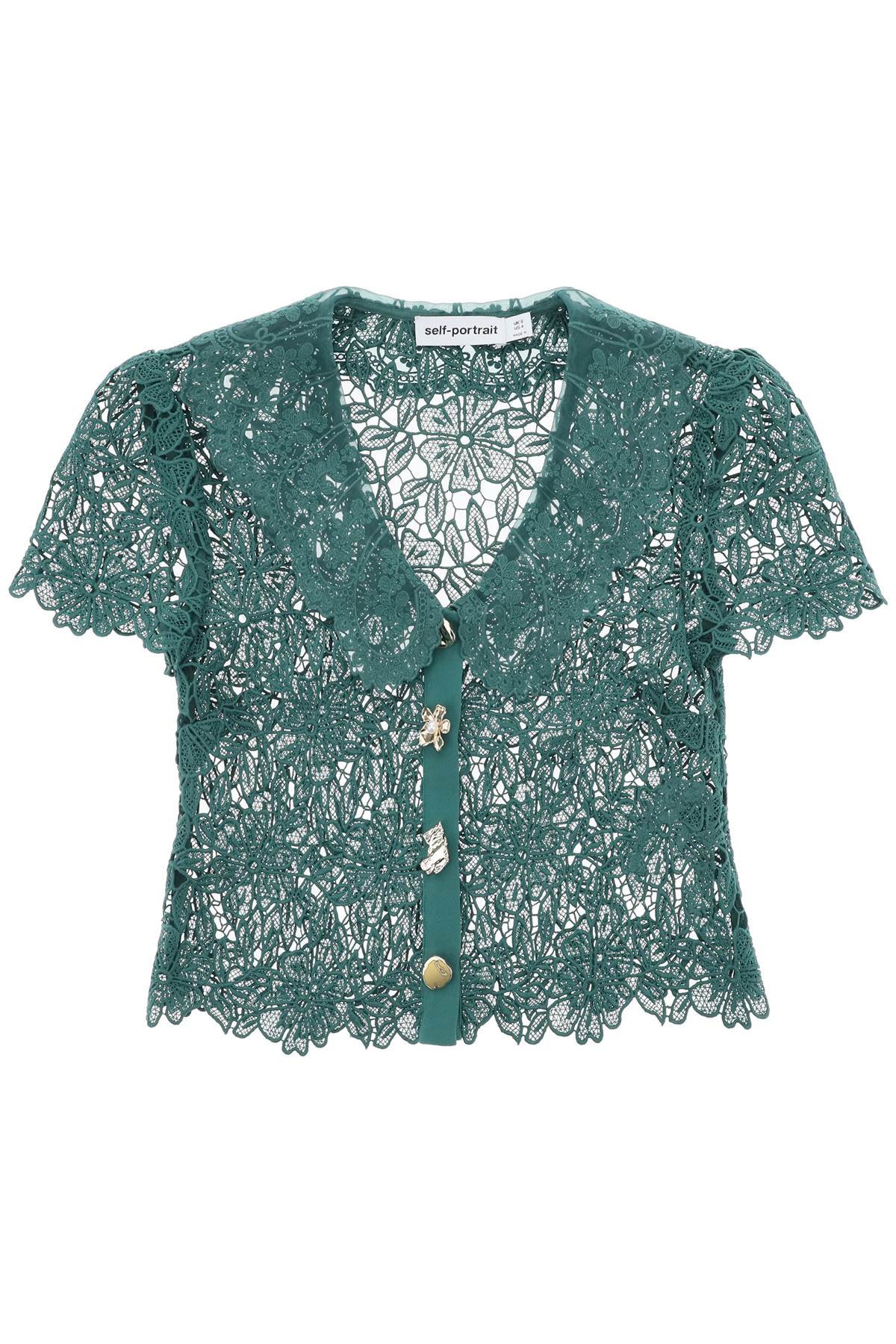 Shop Self-portrait "chelsea Lace Guipure Top With Collar In Green