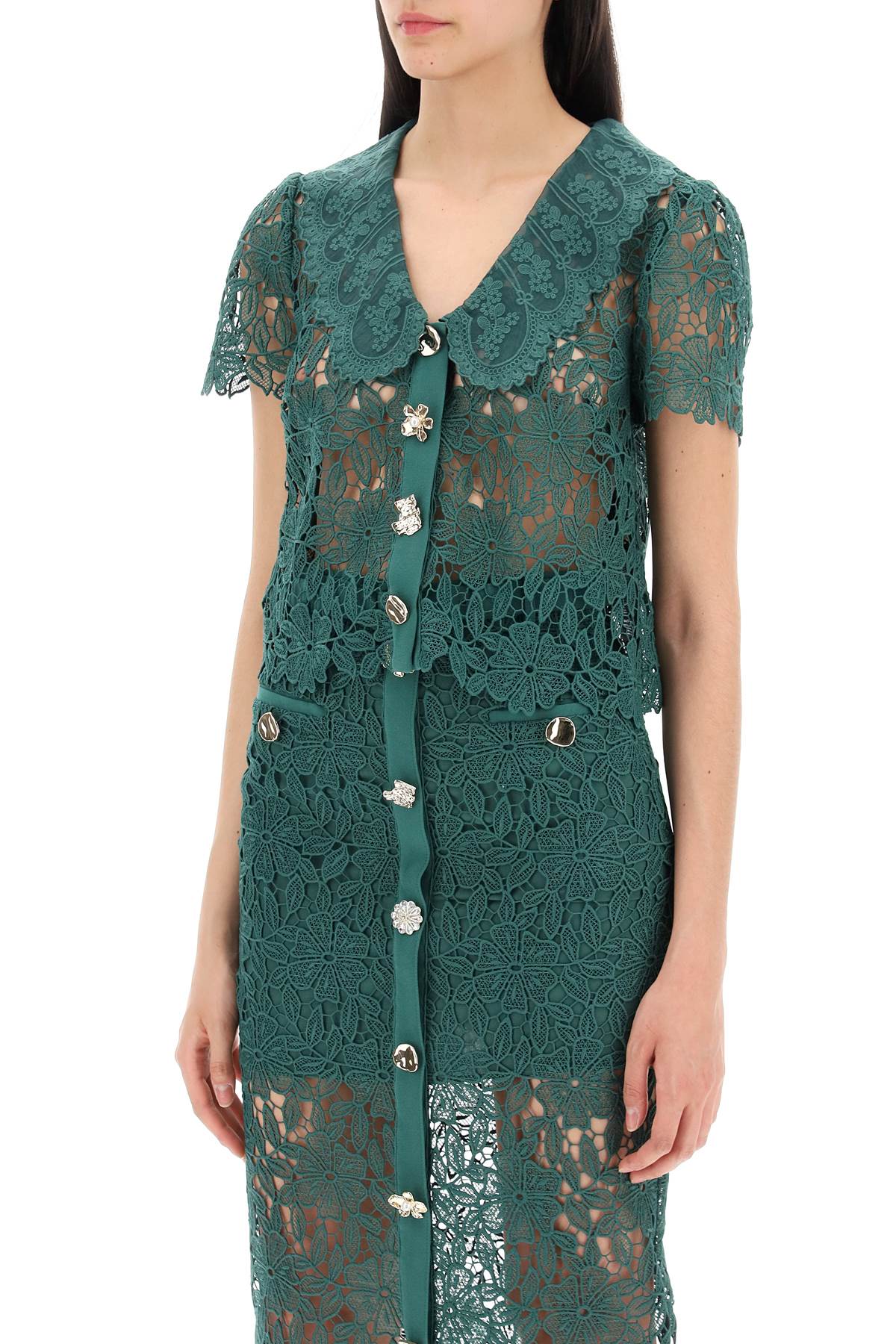 Shop Self-portrait "chelsea Lace Guipure Top With Collar In Green