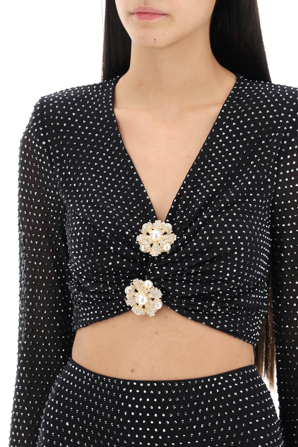 Shop Self-portrait Rhinestone-studded Cropped Top With Diamanté Brooches In Black,silver