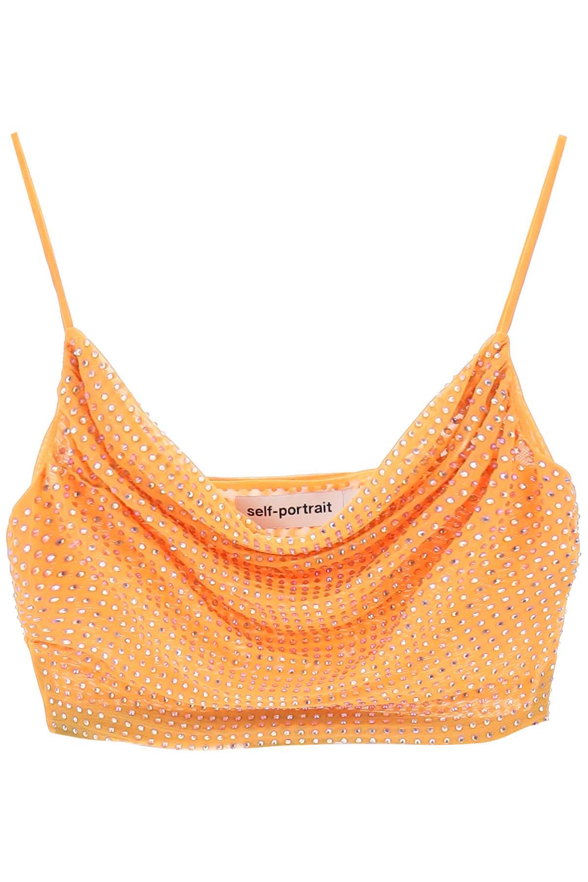 Shop Self-portrait Cropped Top In Mesh With Rhinestones All-over In Orange