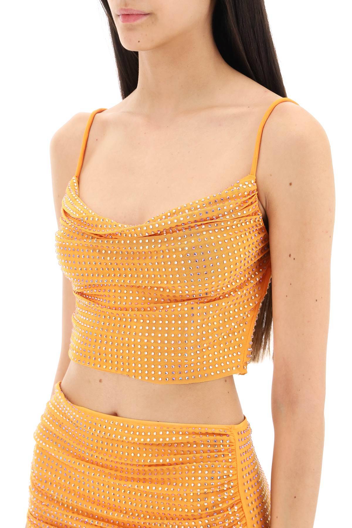 Shop Self-portrait Cropped Top In Mesh With Rhinestones All-over In Orange