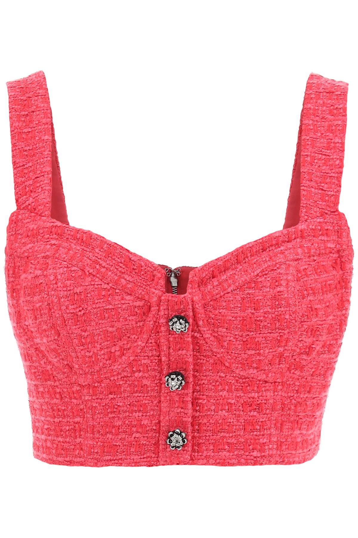 Shop Self-portrait Boucle Tweed Cropped Top With Diamanté Buttons In Fuchsia