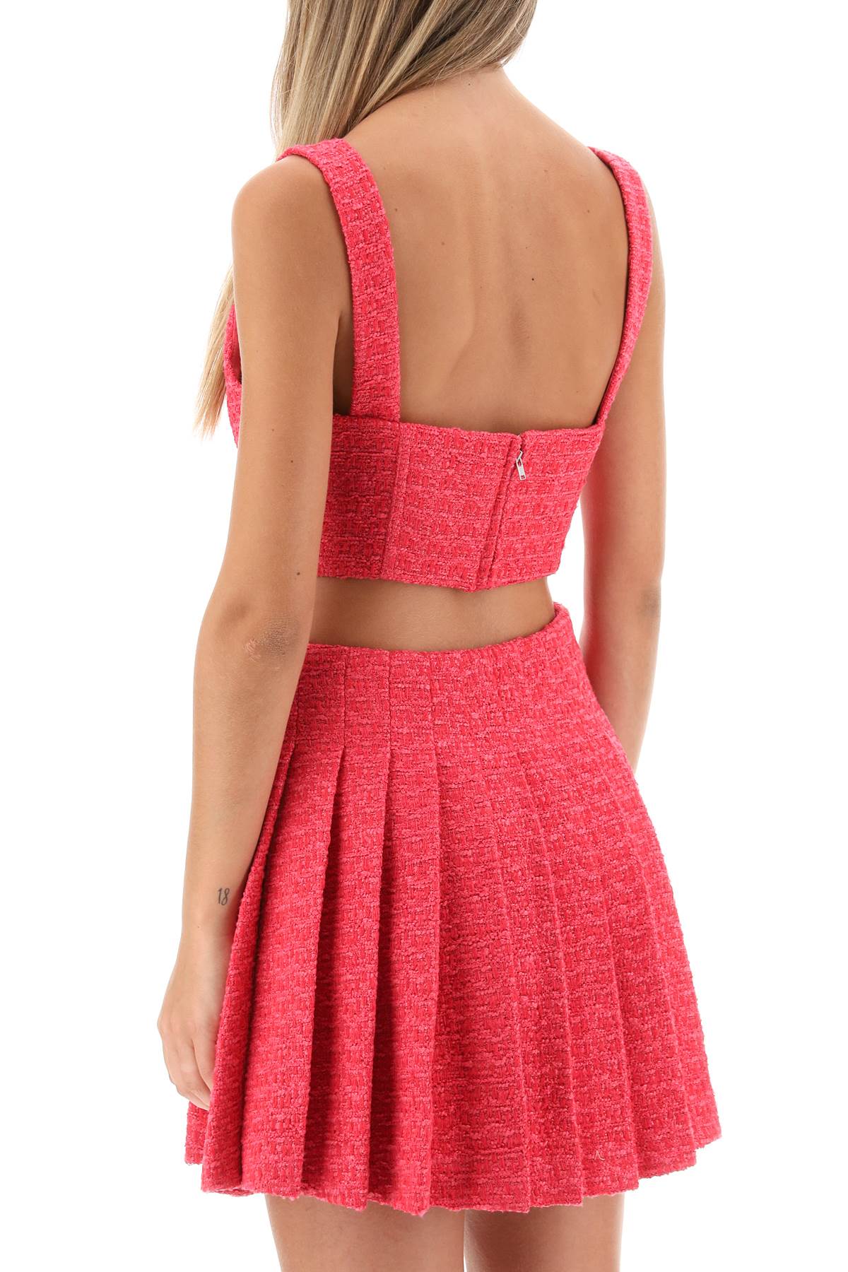 Shop Self-portrait Boucle Tweed Cropped Top With Diamanté Buttons In Fuchsia