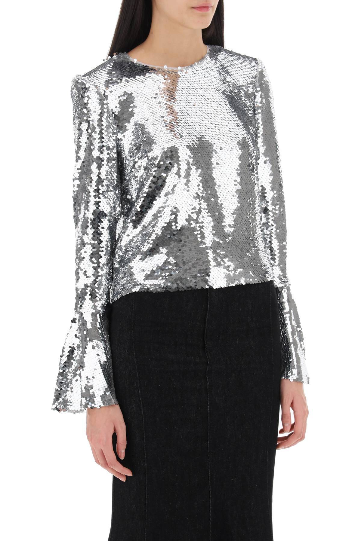 Shop Self-portrait Sequined Cropped Top In Silver