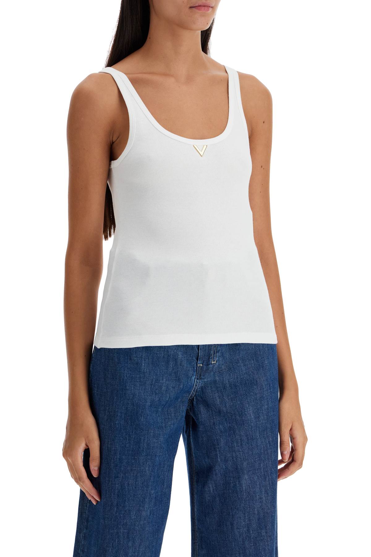 Shop Valentino Ribbed Tank Top With V Neckline In White