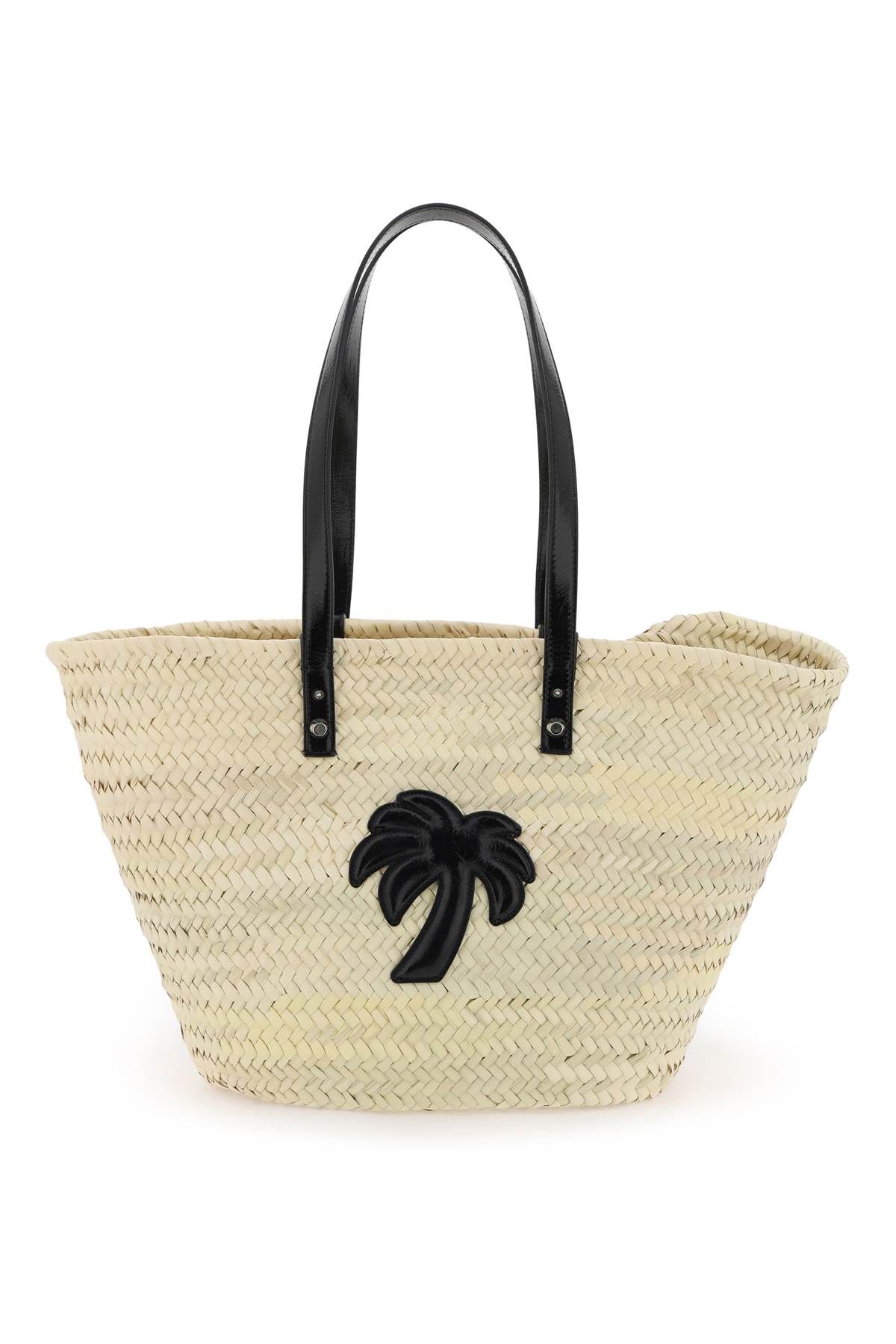 Palm Angels Straw & Patent Leather Tote Bag In Neutro,black