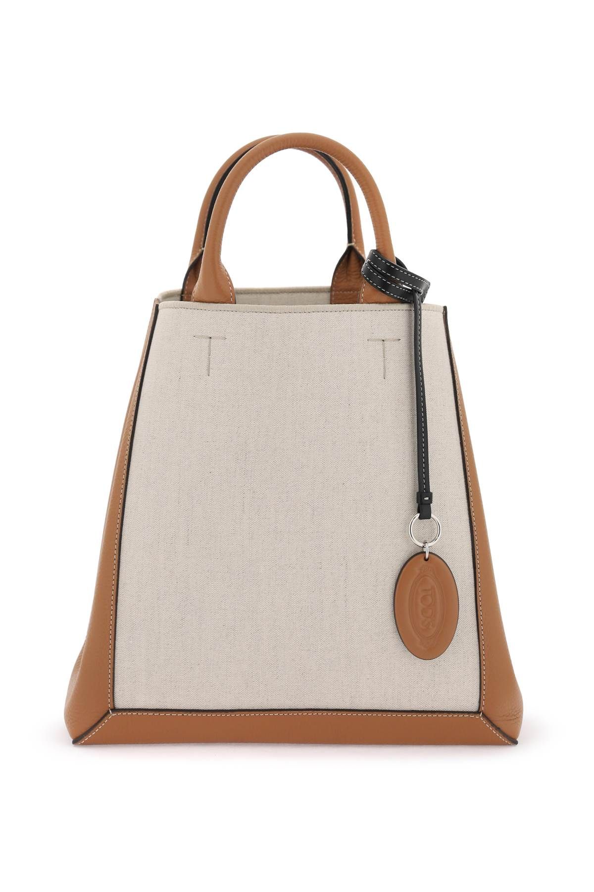 Shop Tod's Canvas & Leather Small Tote Bag In Beige,brown