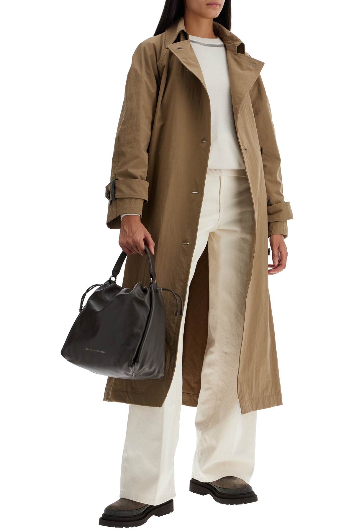 Shop Brunello Cucinelli 'trench Coat With Shiny Cuff Details In Neutro