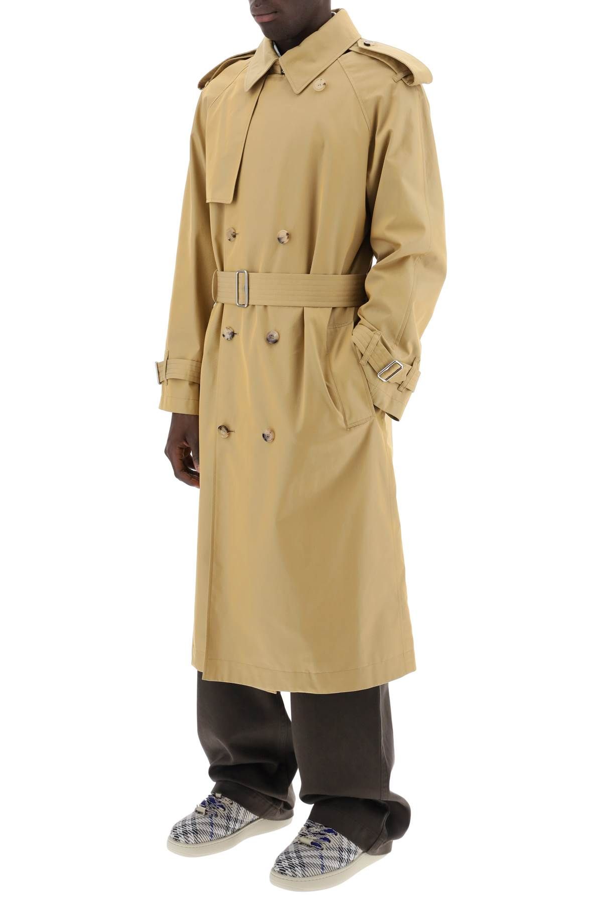 Shop Burberry Long Iridescent Trench In Beige