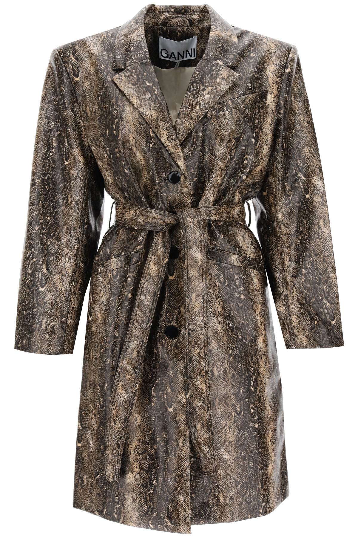 Shop Ganni Snake-effect Faux Leather Trench Coat In Brown