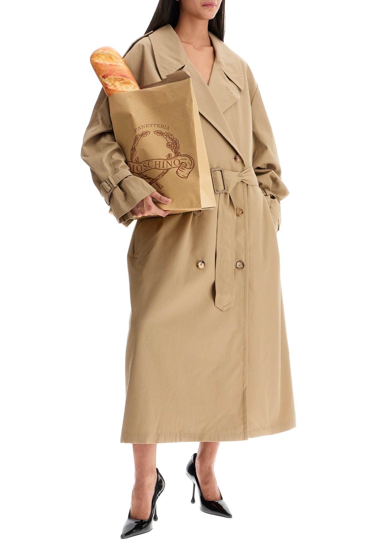 Shop Moschino Double-breasted Trench Coat With In Beige