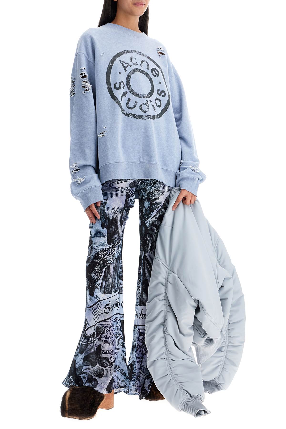 Shop Acne Studios Printed Crepe Flared Pants In Light Blue