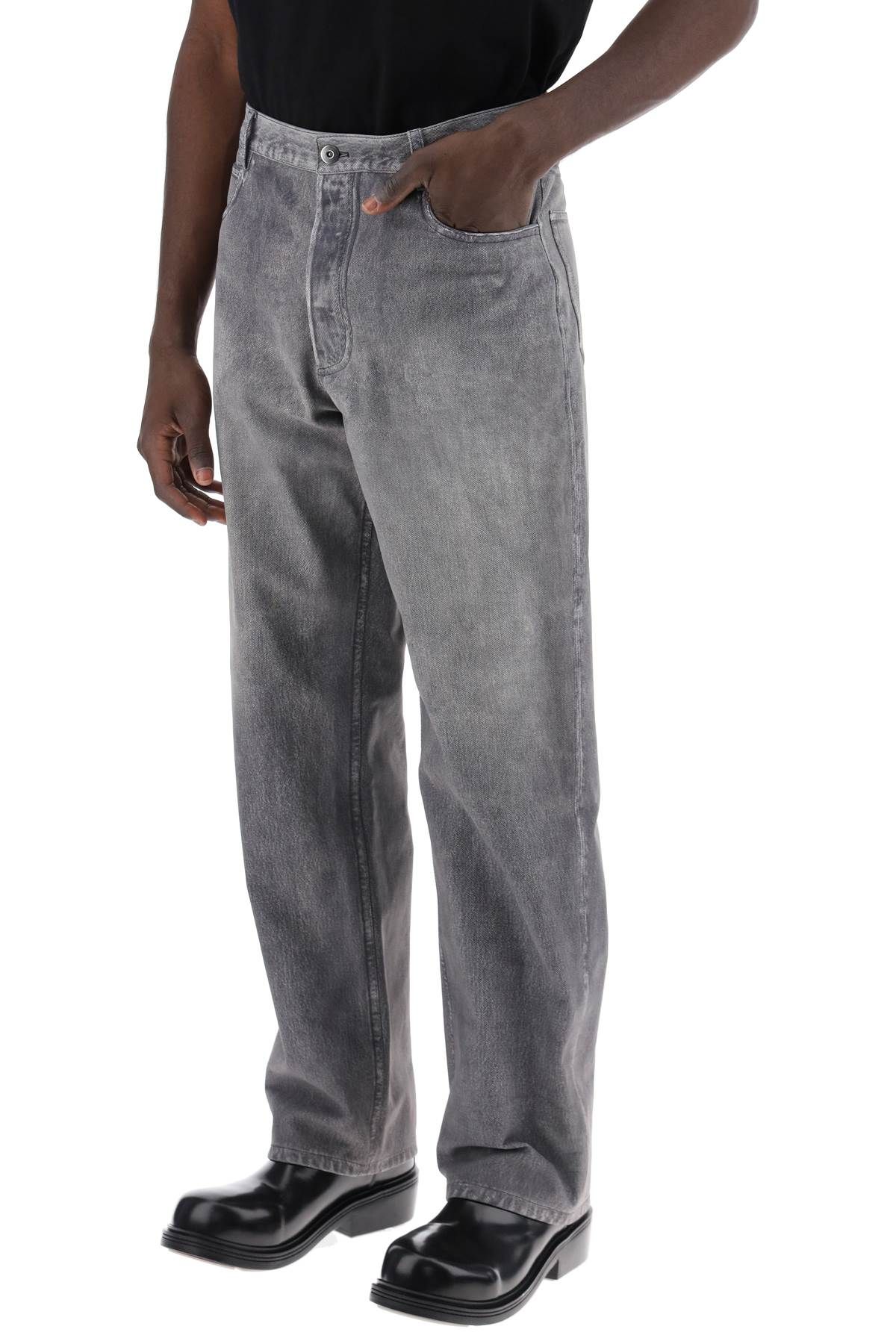 Shop Bottega Veneta Printed Suede Effect Denim Trousers In Grey